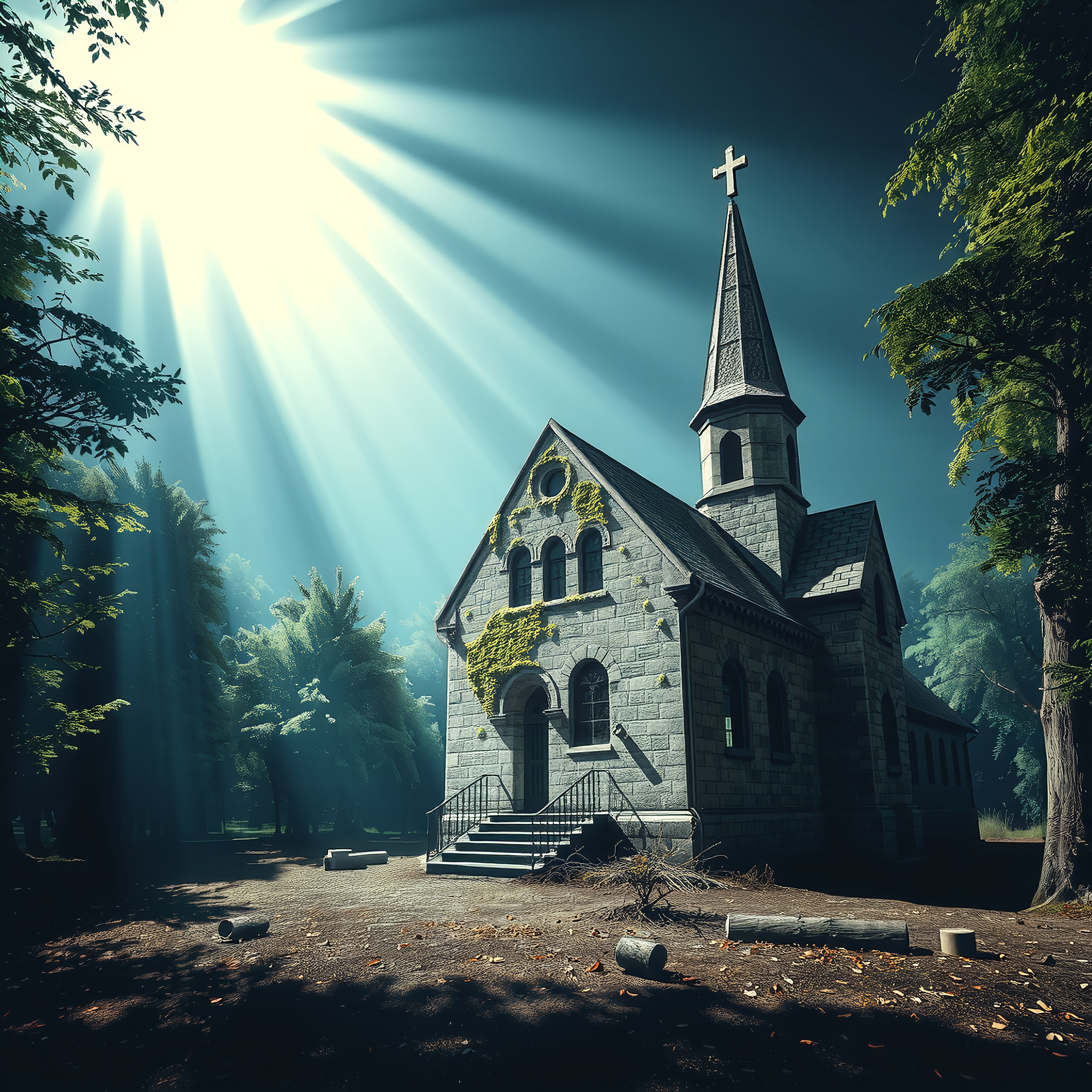 An old church in forest illuminated by sunlight creating a mystical atmosphere with ivy-covered stones and Gothic architecture.