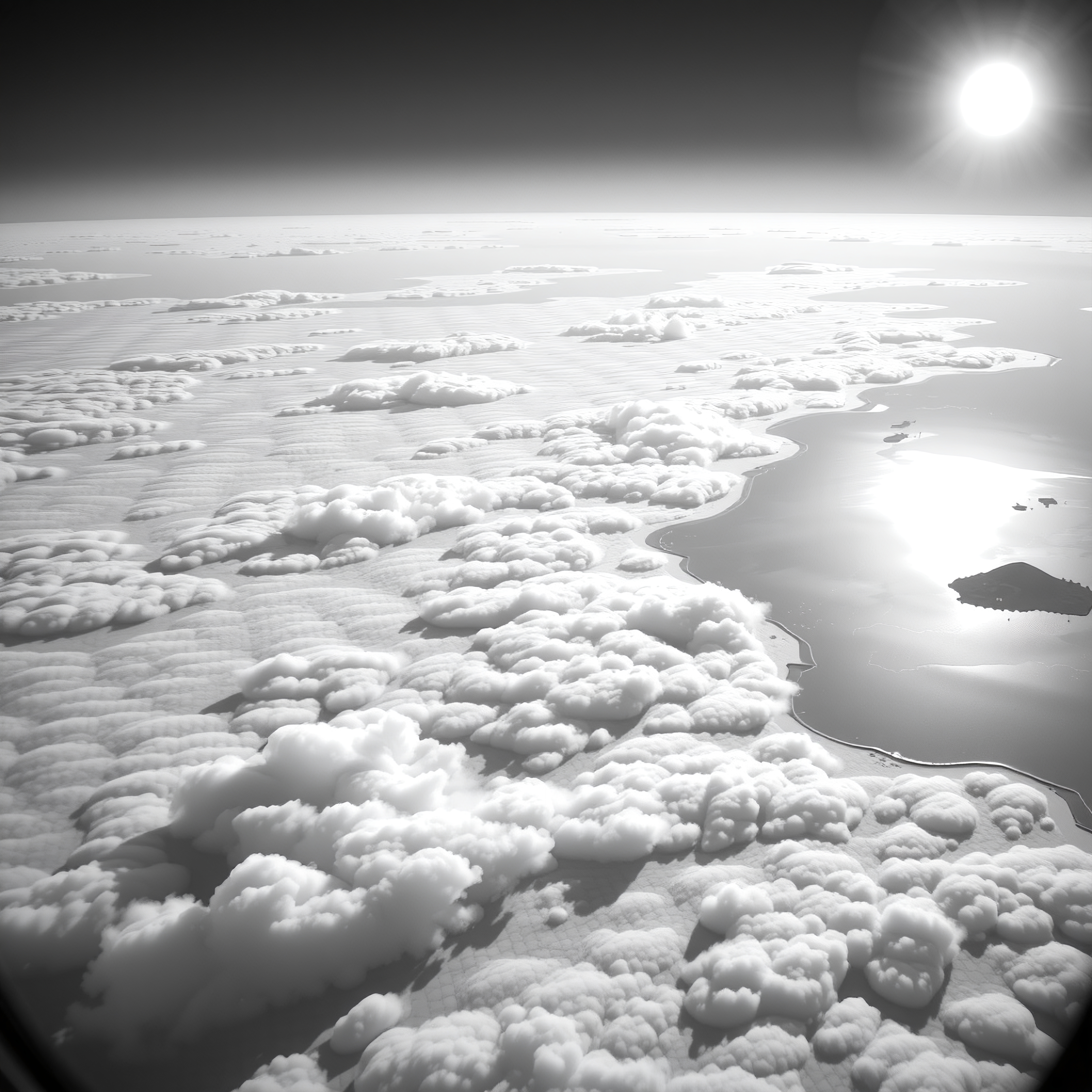 Aerial view of fluffy clouds and shimmering sea reflecting sunlight.