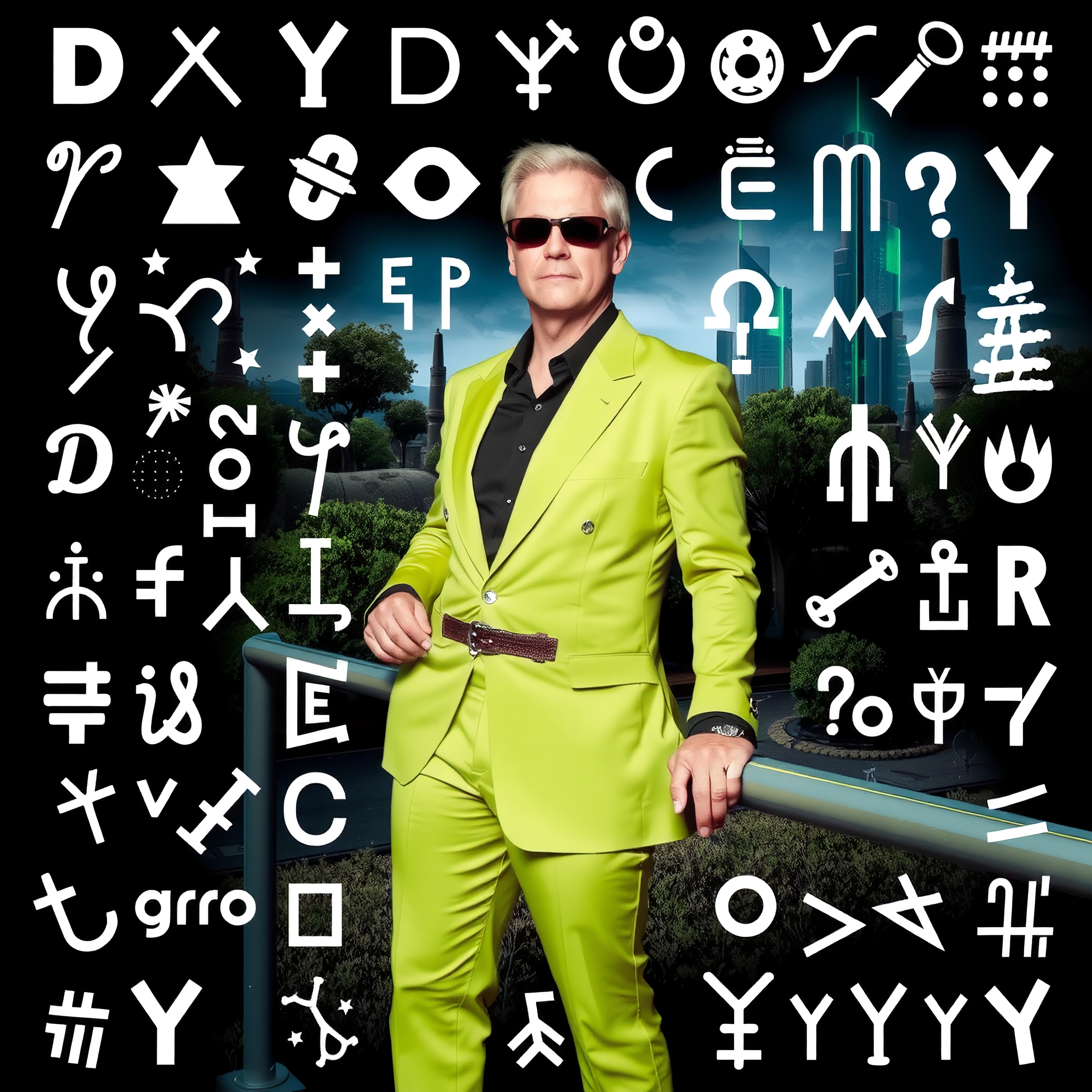 A man in a lime green suit with sunglasses stands before a futuristic cityscape, surrounded by mysterious symbols.