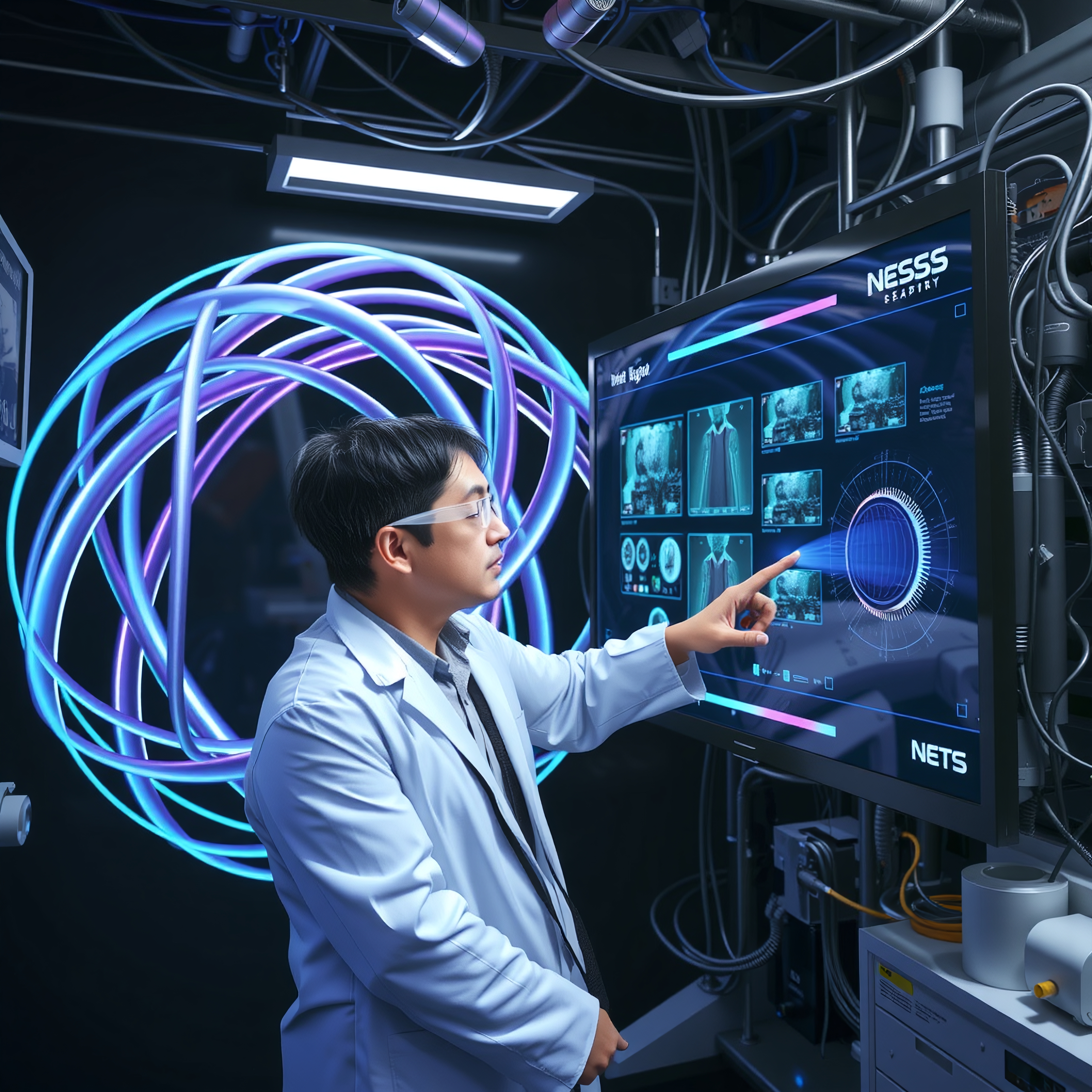 A scientist interacts with a digital display in a futuristic lab.