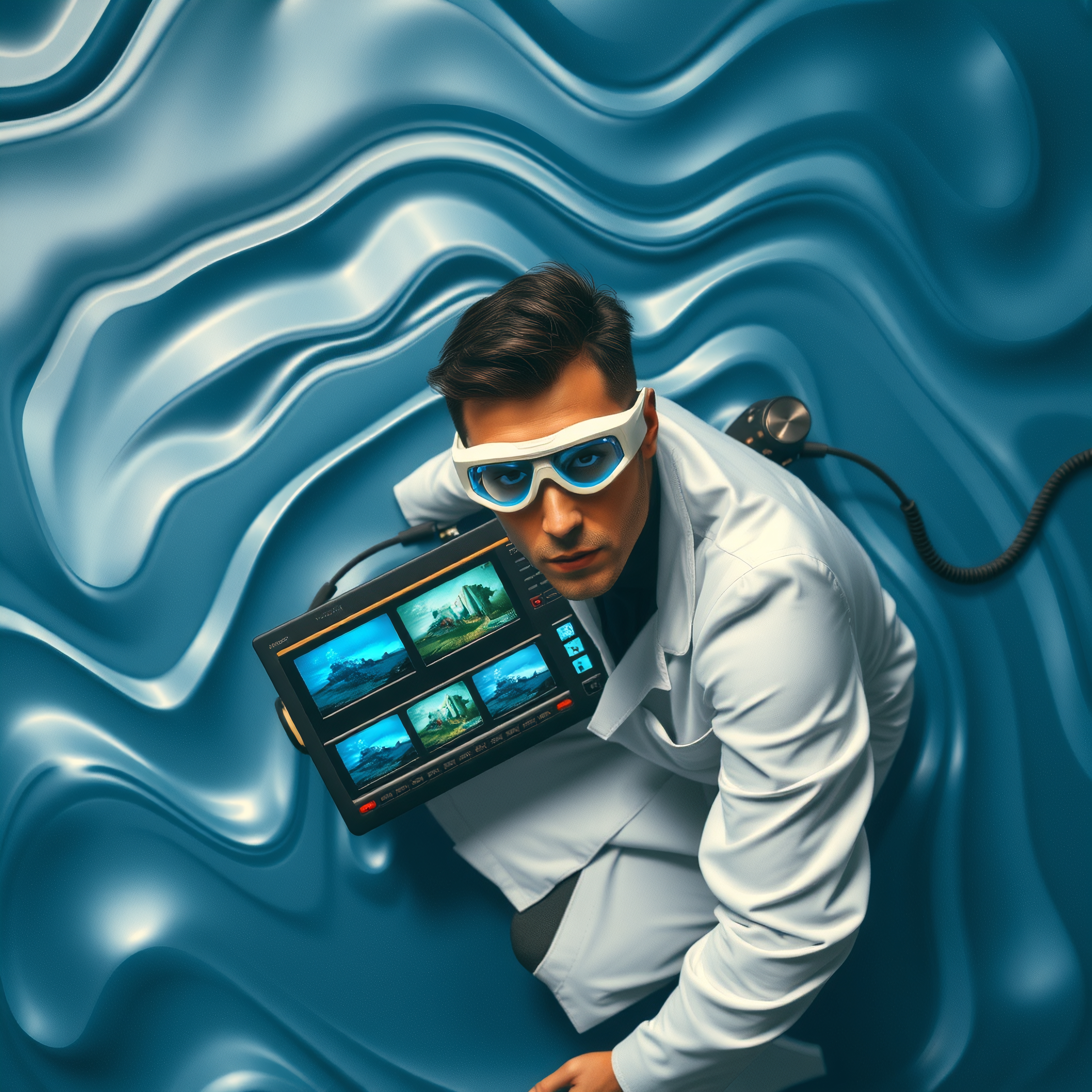 A man with futuristic glasses holds a tablet displaying landscapes in a high-tech, wavy blue environment.