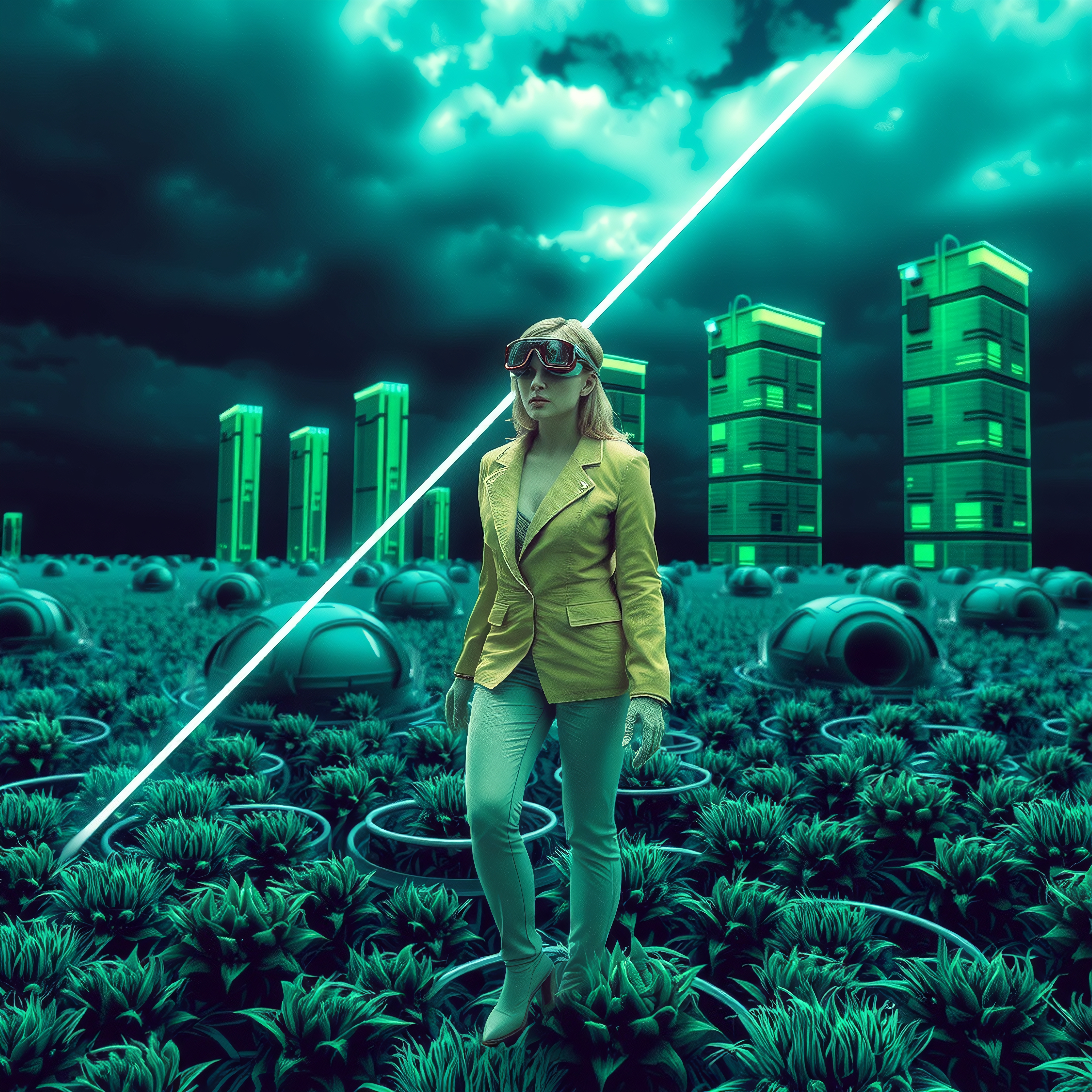 A woman in yellow explores a futuristic green cityscape.