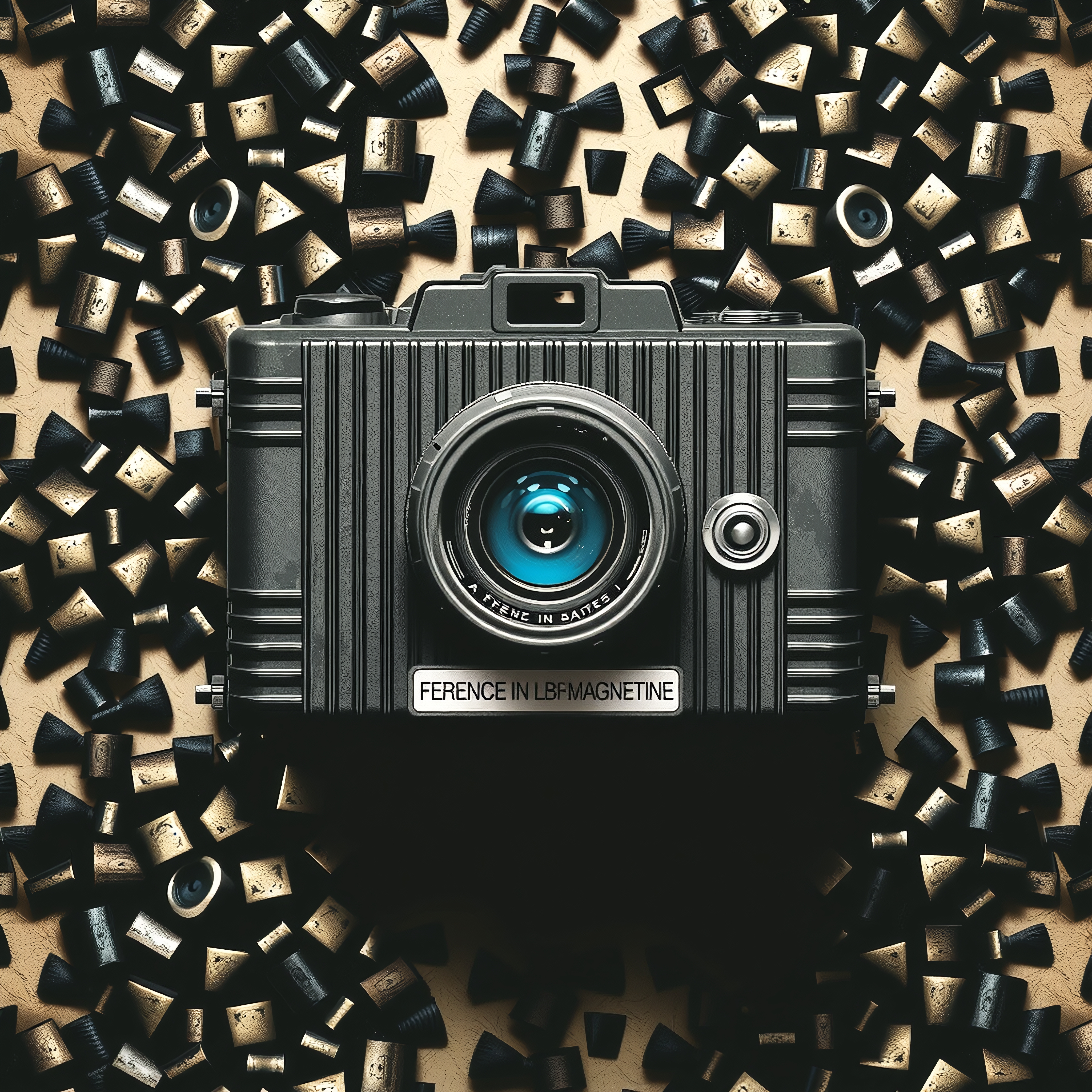 A vintage camera arranged amidst cylindrical elements.