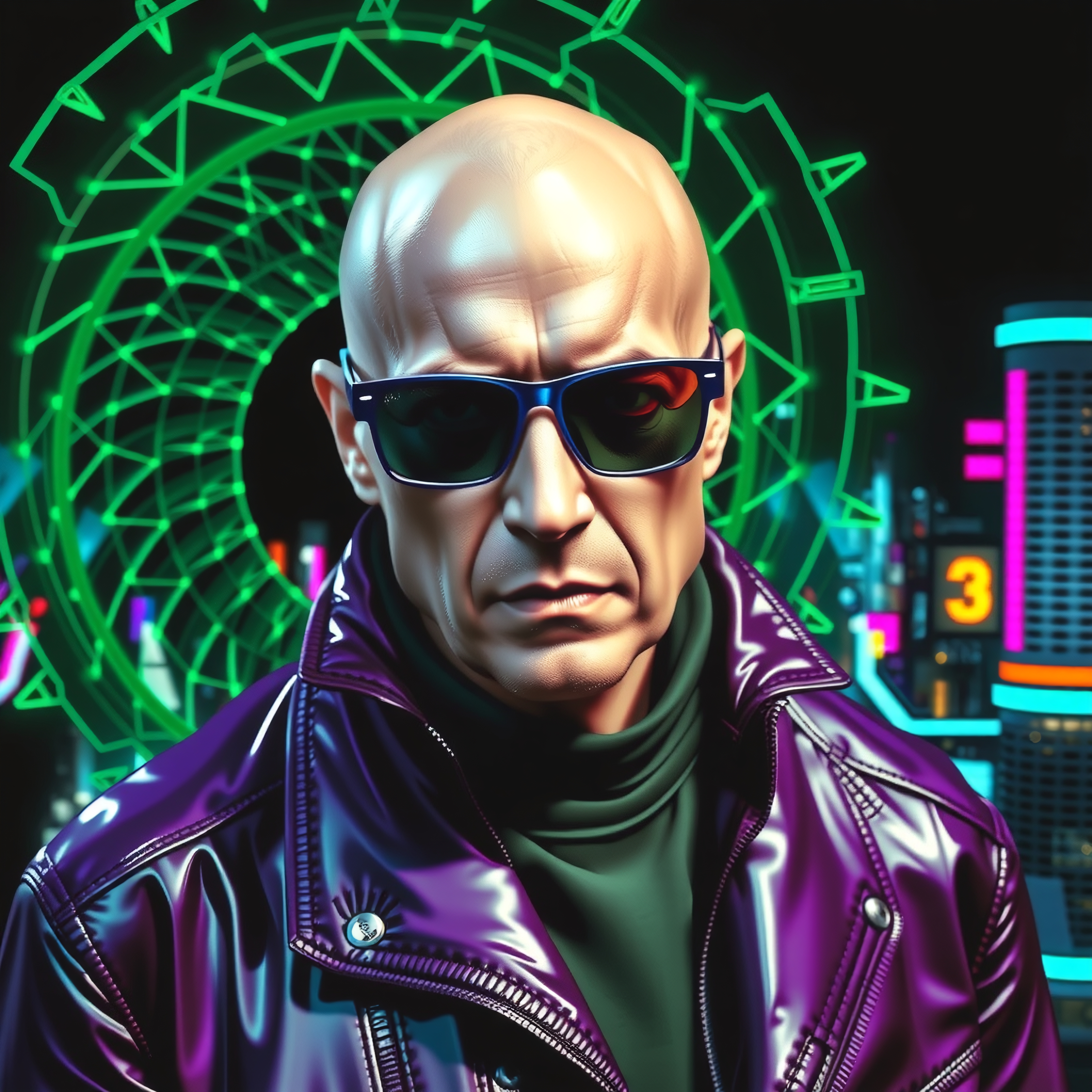 A person in sunglasses and a purple leather jacket stands against a neon-lit backdrop, exuding a cyberpunk aesthetic.