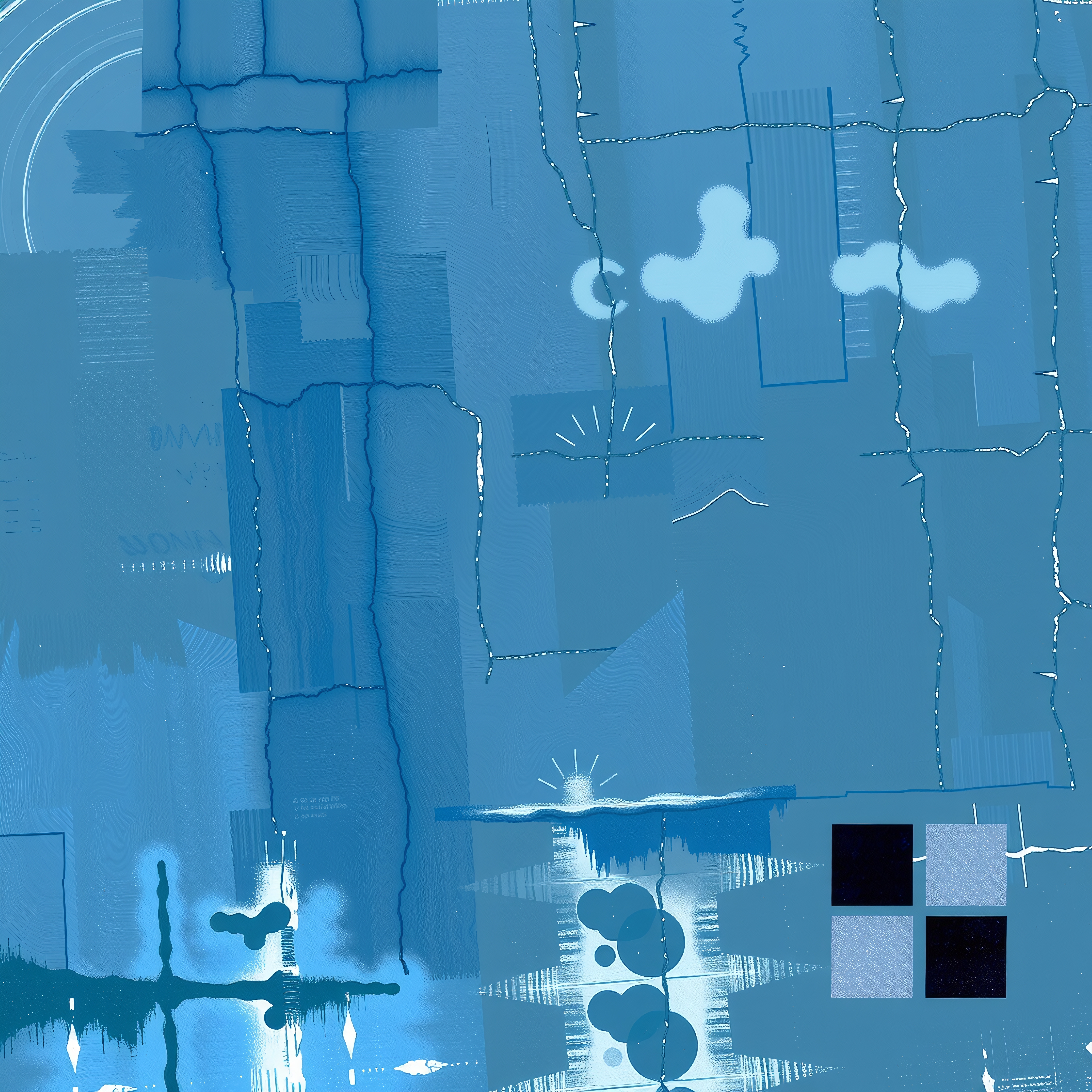 Abstract image with geometric shapes and various shades of blue, featuring a textured, layered composition.