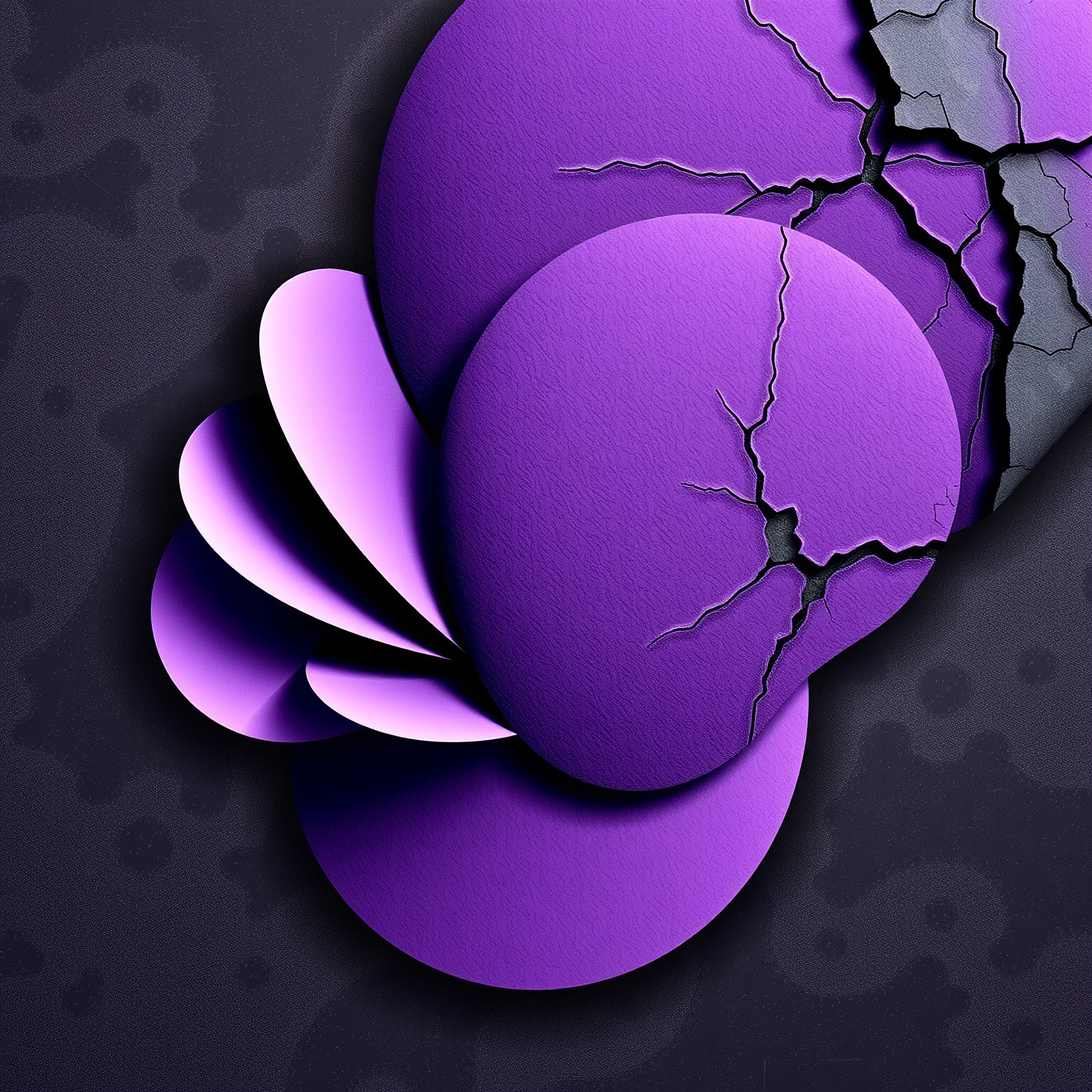 An abstract arrangement of purple textured circles with cracks revealing a darker layer, creating a dynamic, multidimensional visual.