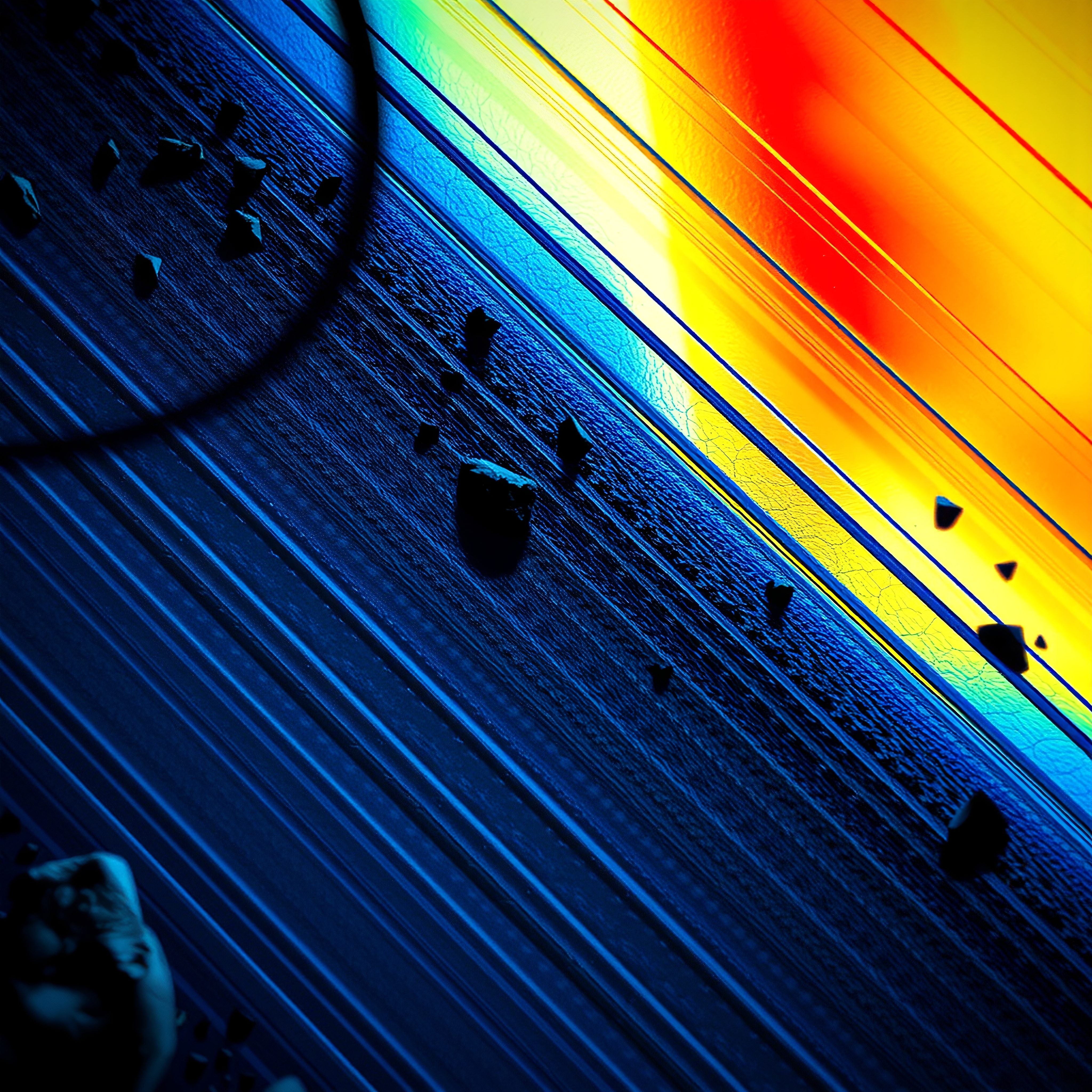 Vivid abstract space scene with colorful planetary rings and asteroids.