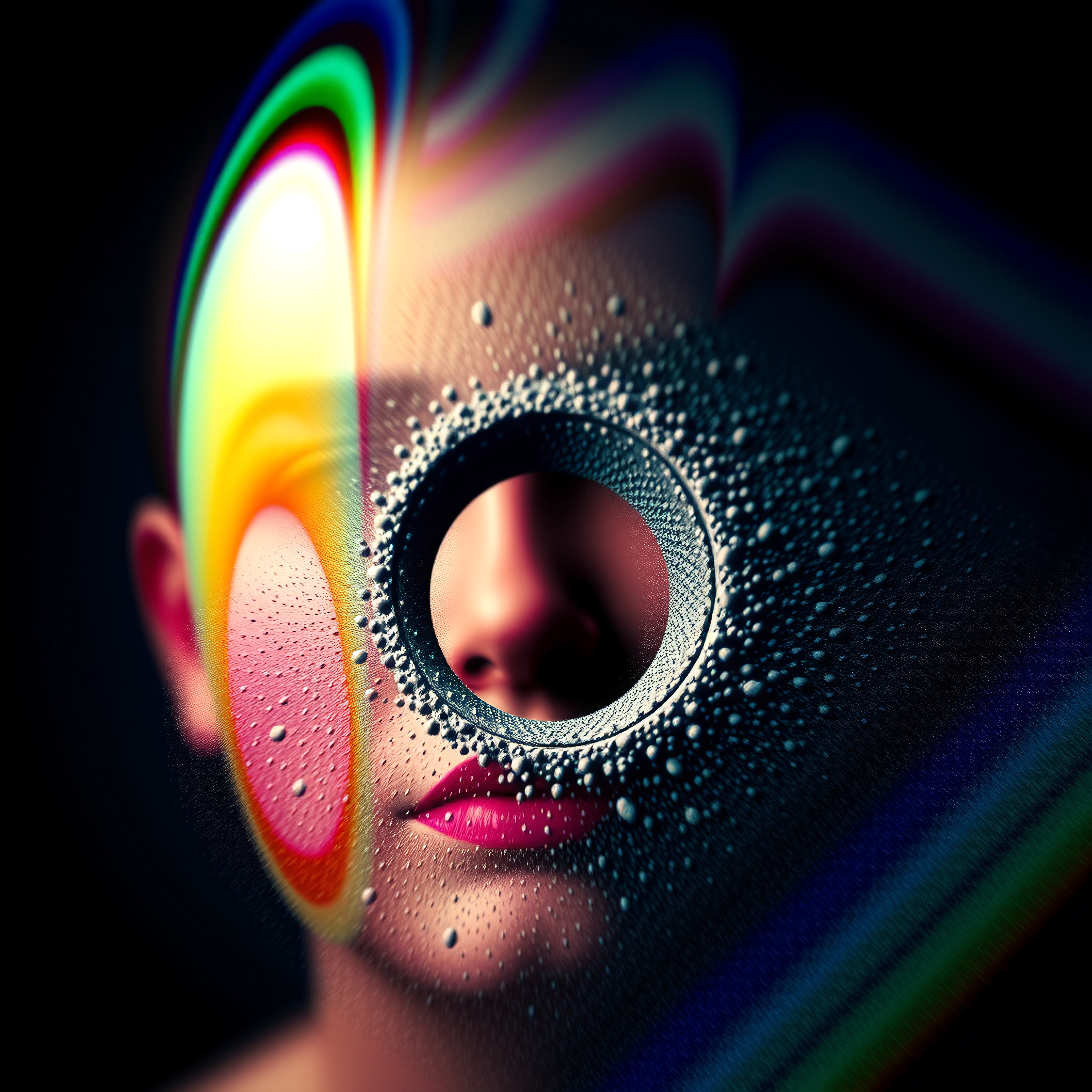 A colorful abstract portrait with droplets and hypnotic surrealism.