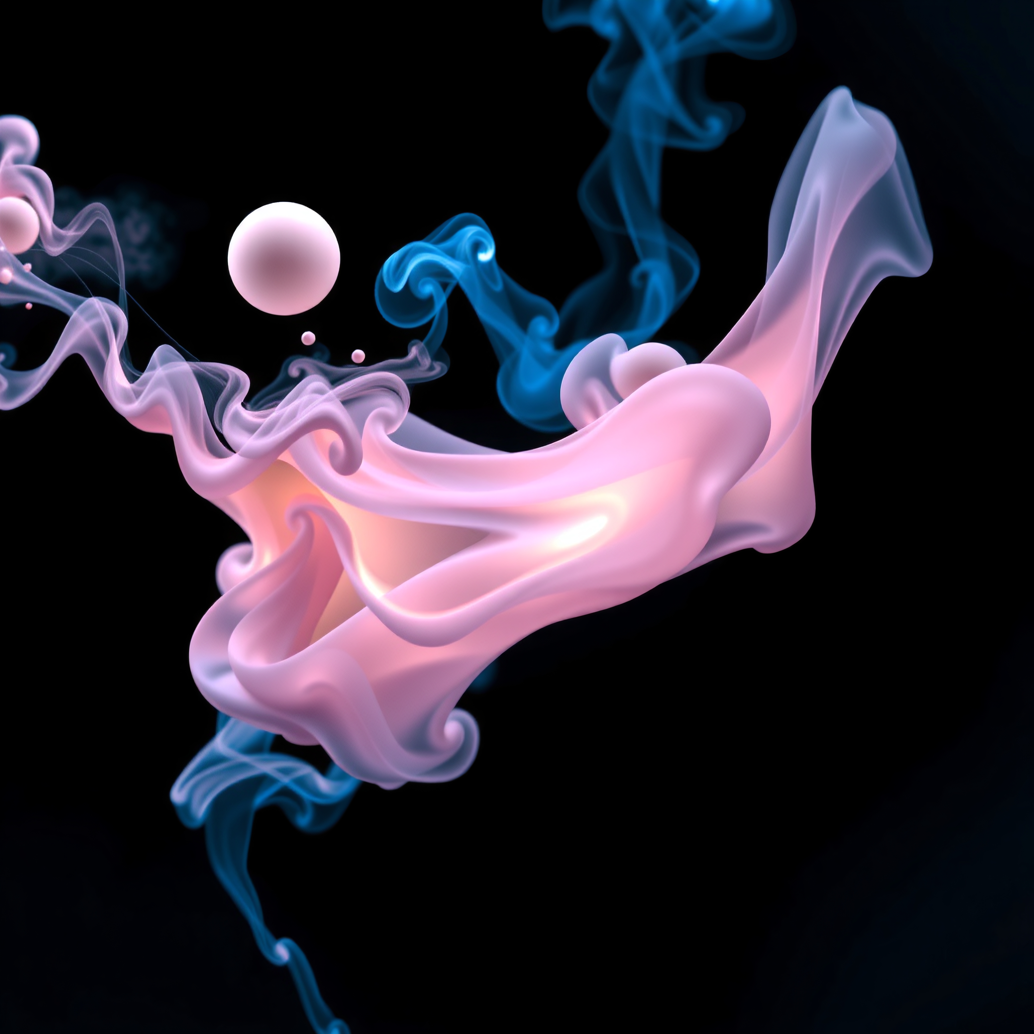 Abstract image featuring swirling pink ribbons and blue mist with a floating sphere.