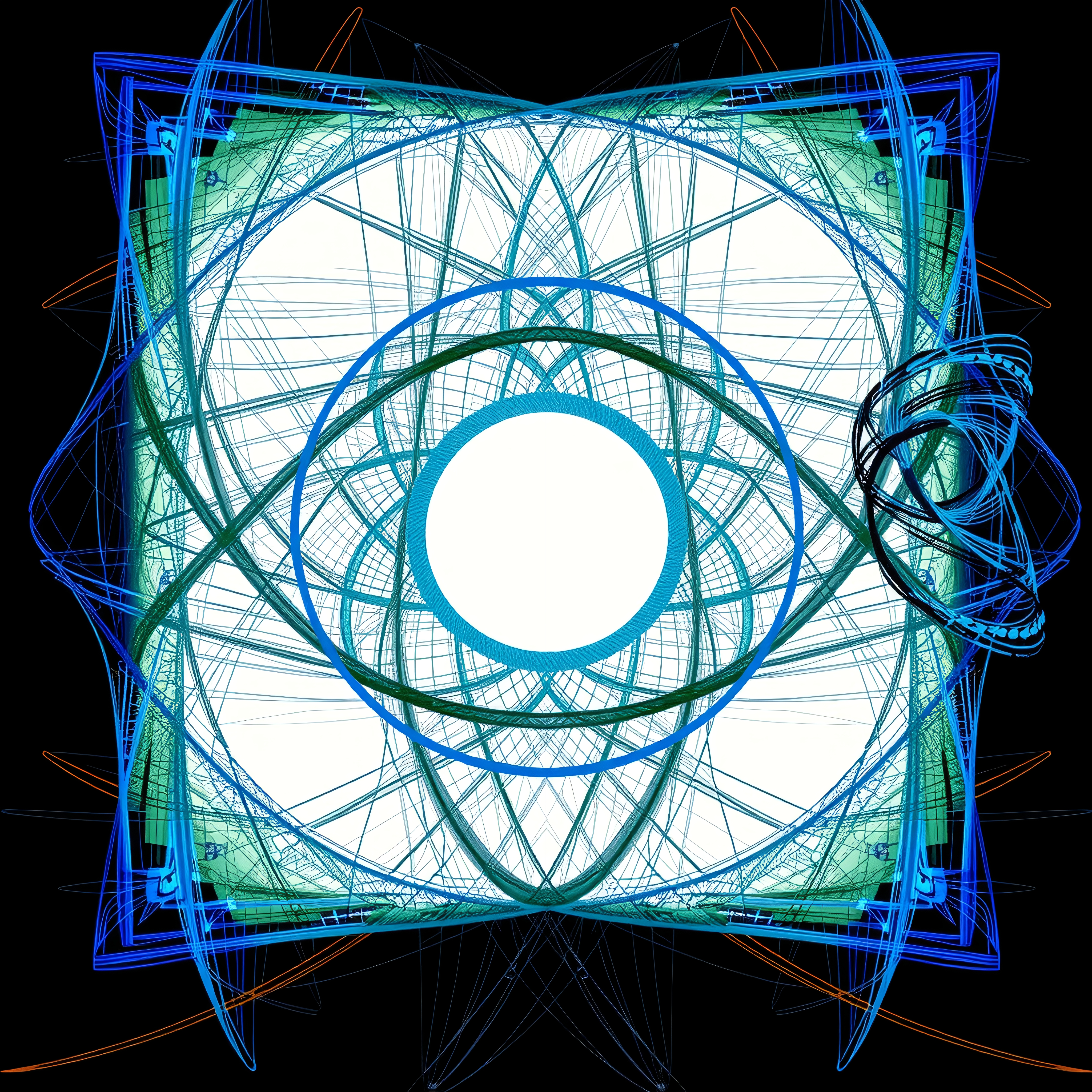 Abstract geometric design with intricate overlapping lines and shapes in shades of blue and green.