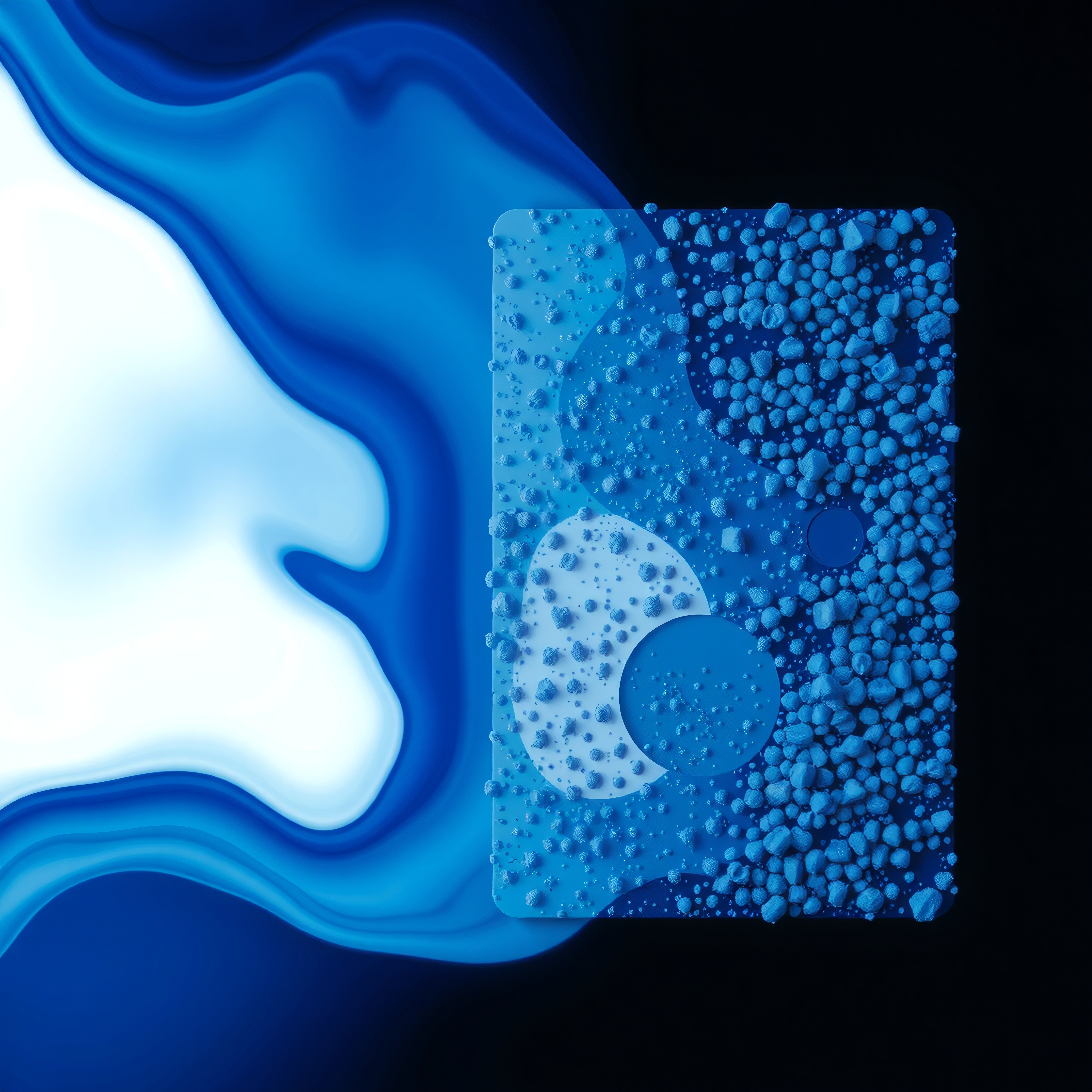 Abstract image with blue and white hues, featuring textured spheres and fluid patterns.