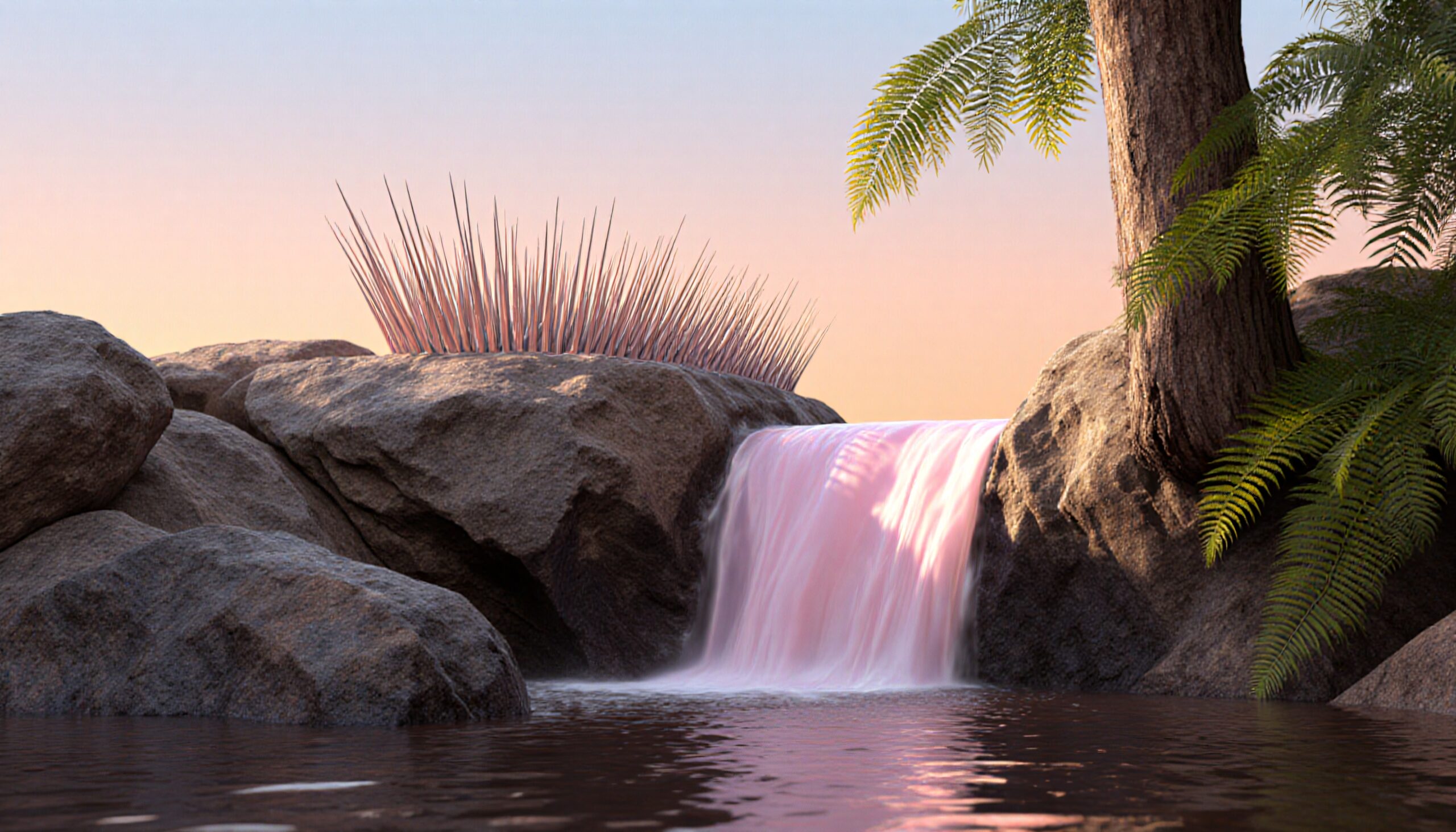 A dreamlike digital landscape with pink-tinted waterfall and lush greenery.