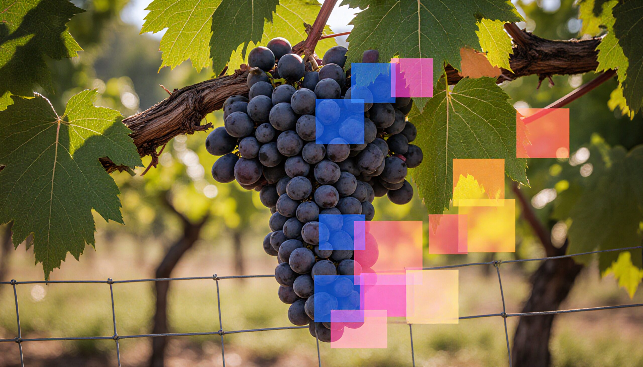 Cluster of ripe grapes with abstract colorful digital overlay in vineyard setting.