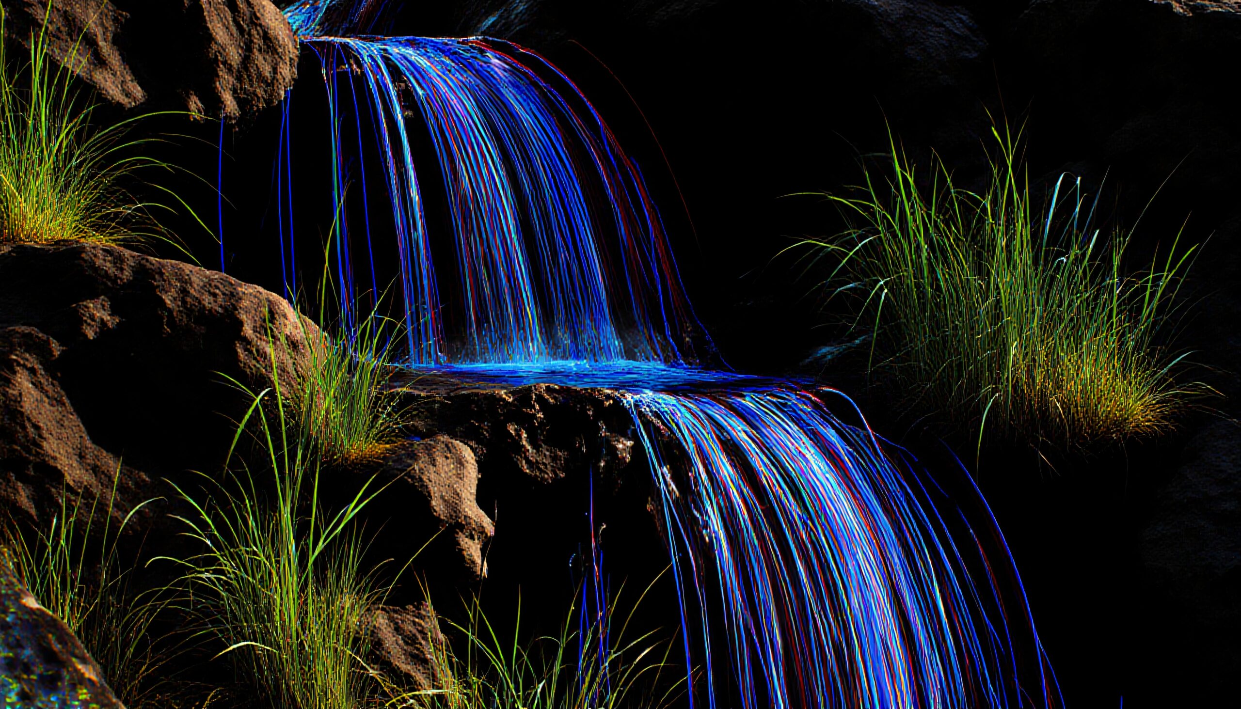 Vibrant colors cascade over rocky waterfall.
