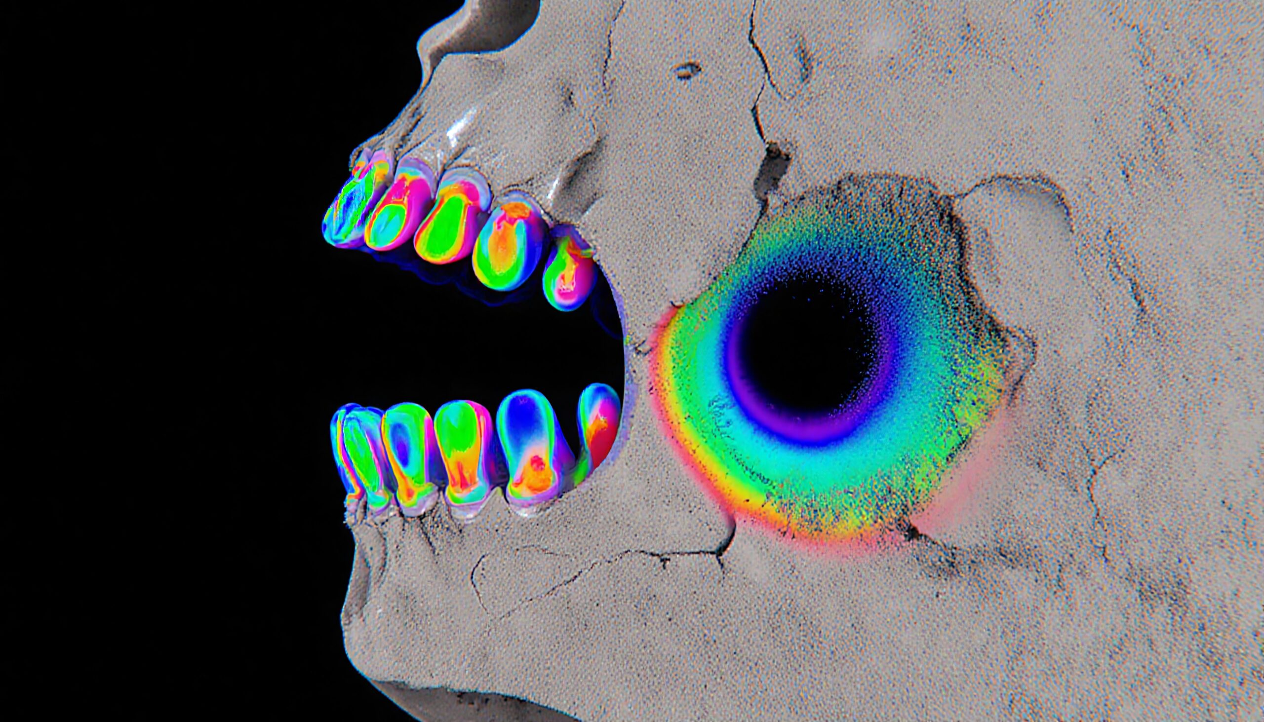 A digital artwork of a skull with rainbow teeth and vibrant colors on a black background.