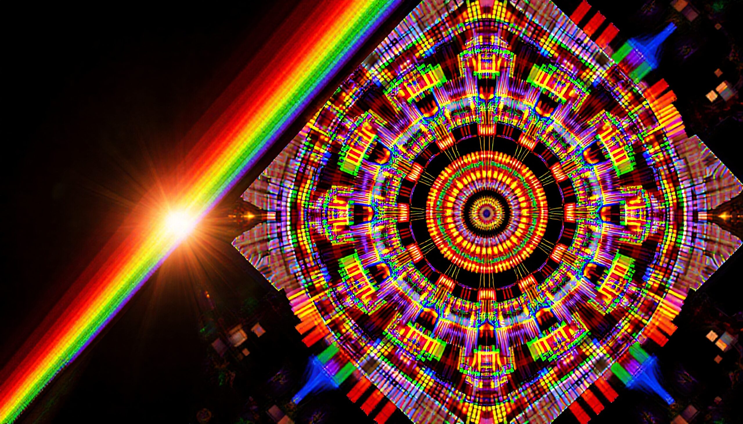 A vibrant digital artwork featuring geometric patterns and a diagonal rainbow beam with a sunburst.