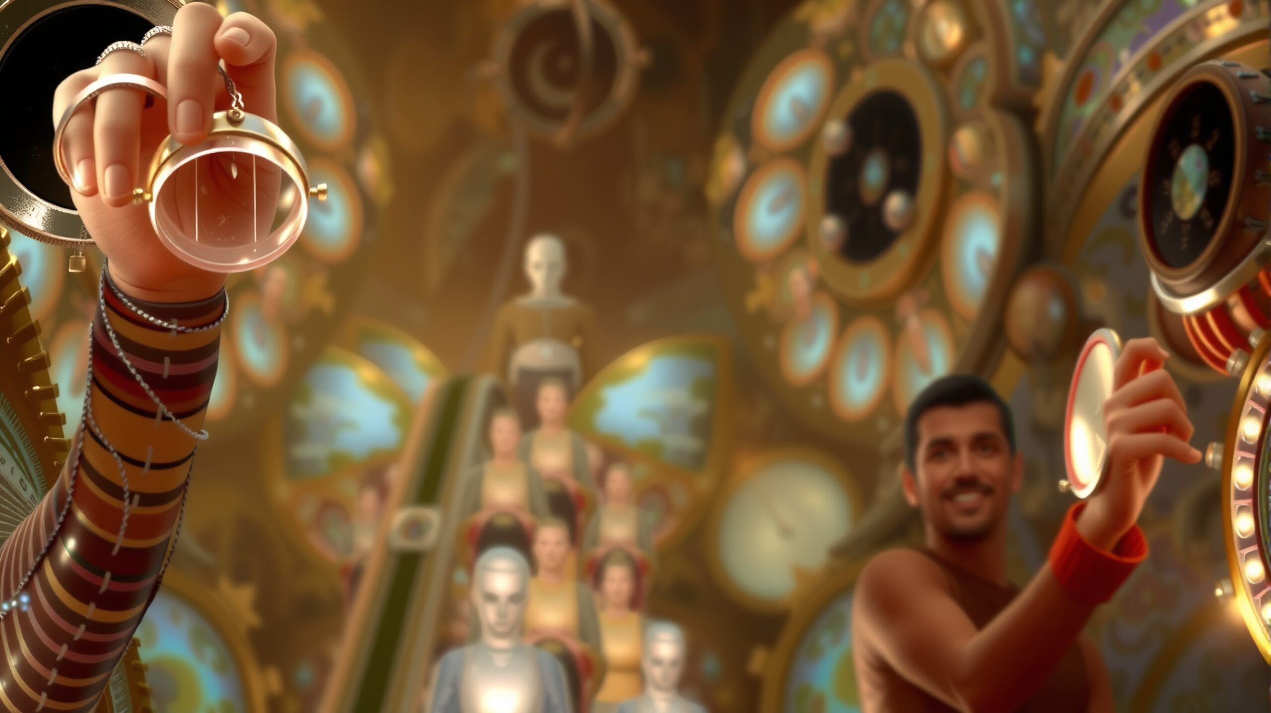 An ornate steampunk room with gears and a smiling man interacting with devices.