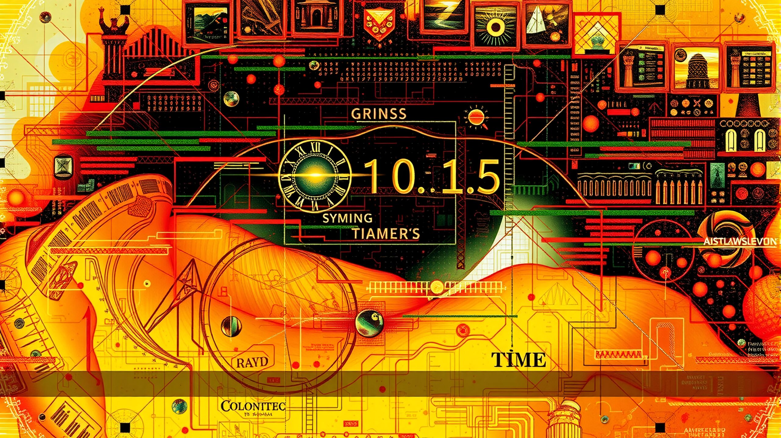 Futuristic abstract art with clock, geometric shapes, vibrant colors, technology theme.