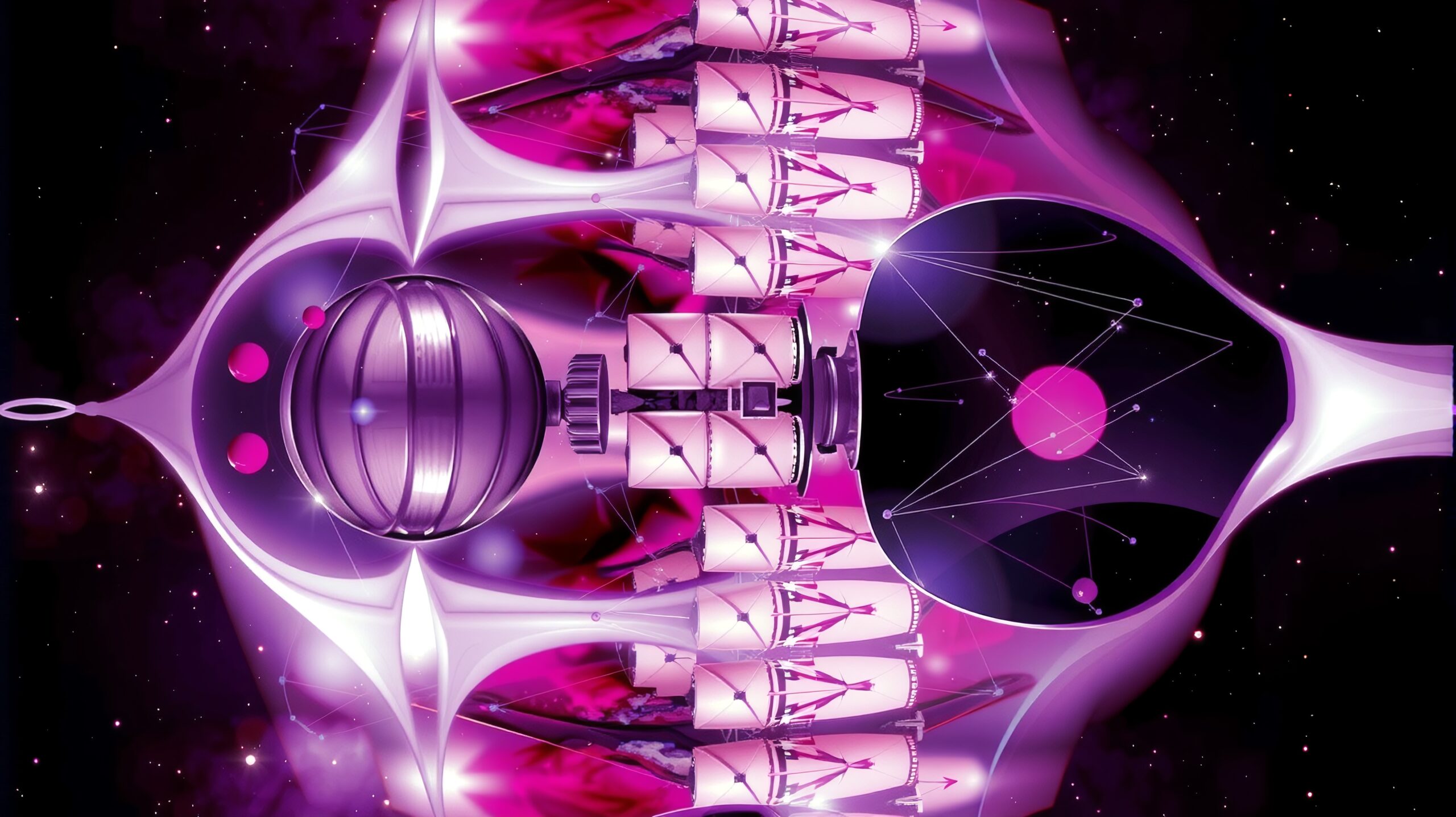 SEO-optimized alt text: Abstract purple and pink futuristic spacecraft design in deep space with geometric shapes and cosmic background.