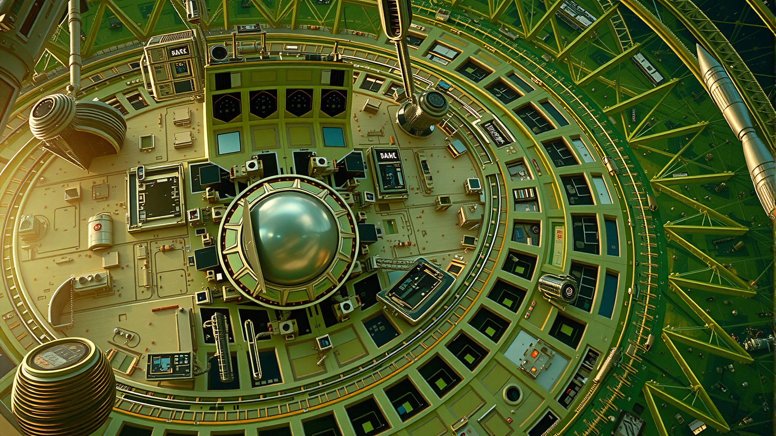 Futuristic interior with circular spaceship design and advanced technology elements.