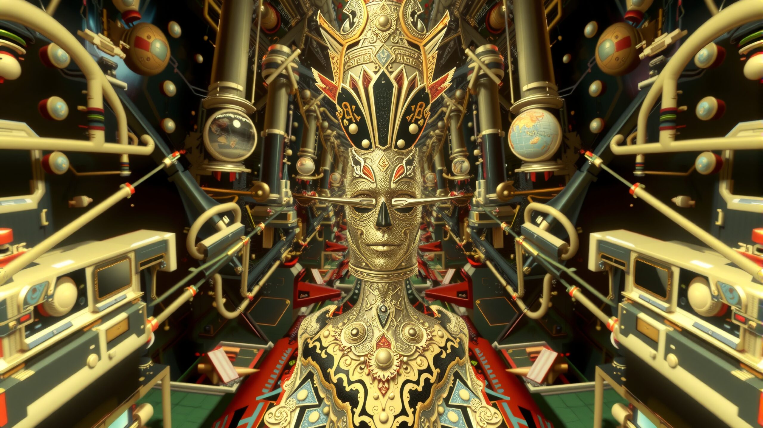 Intricate golden humanoid amidst futuristic machinery.