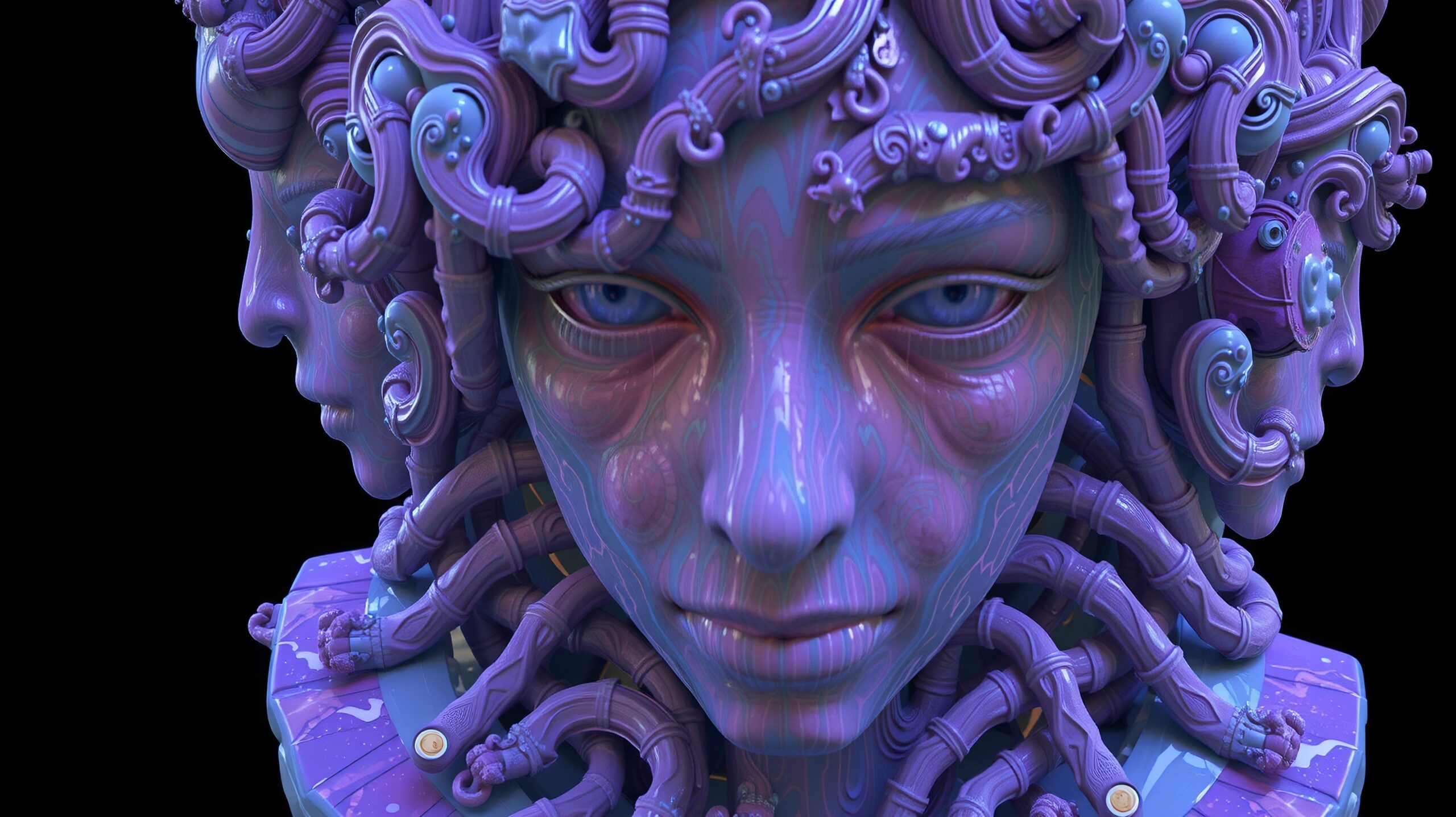 A surreal digital artwork with multiple faces, intertwining tubes, and a futuristic color scheme of purple and blue.