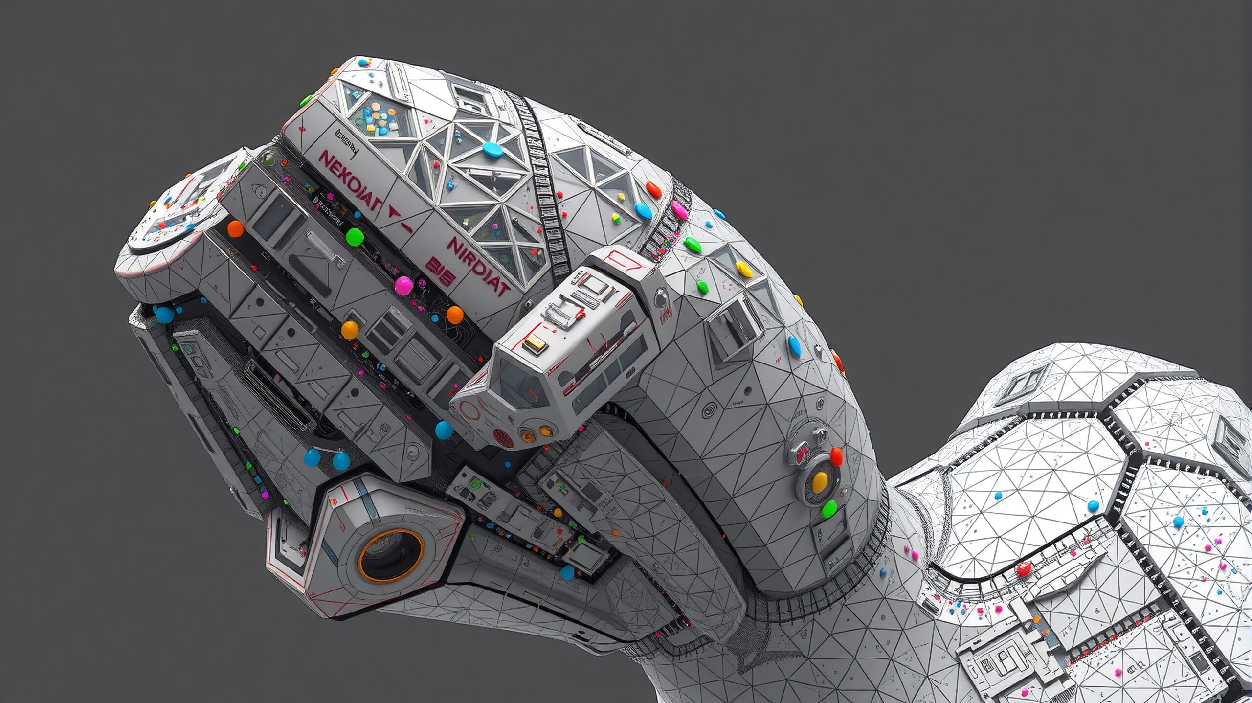 Futuristic spacecraft with geometric design and colorful details.