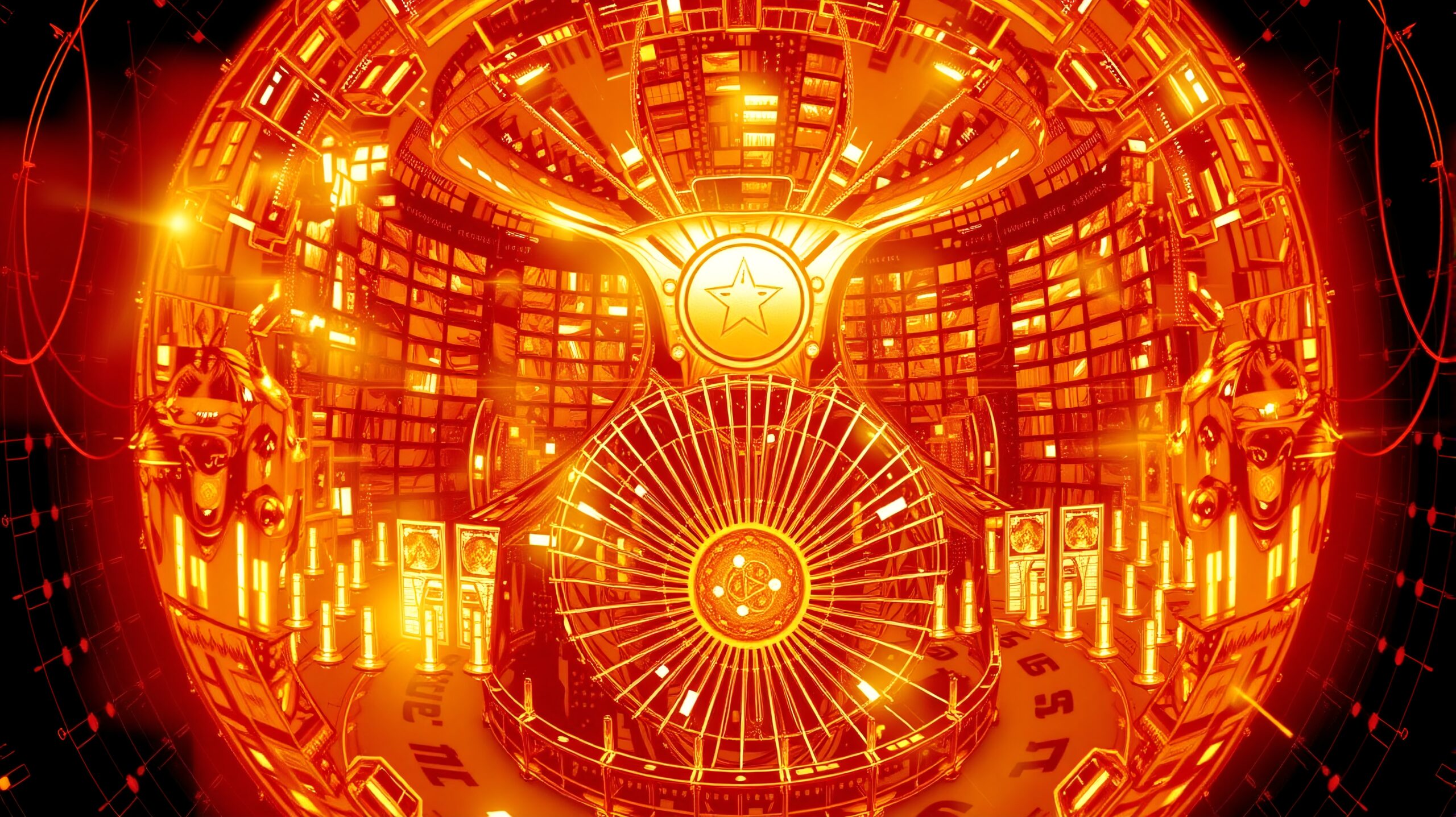 Futuristic design with warm orange hues and intricate mechanical patterns.