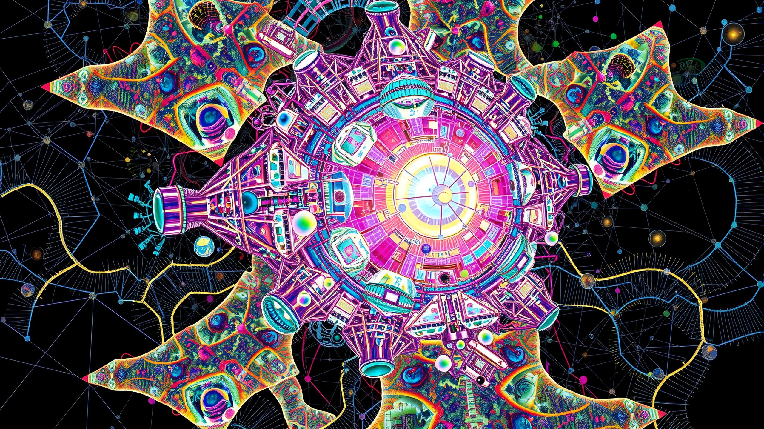 A vibrant, psychedelic space station with geometric details against a cosmic background.