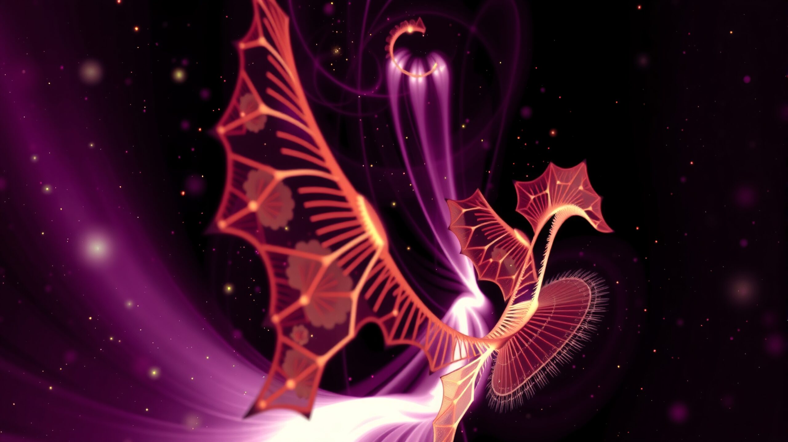An abstract ethereal creature with red wings in a purple cosmic background.