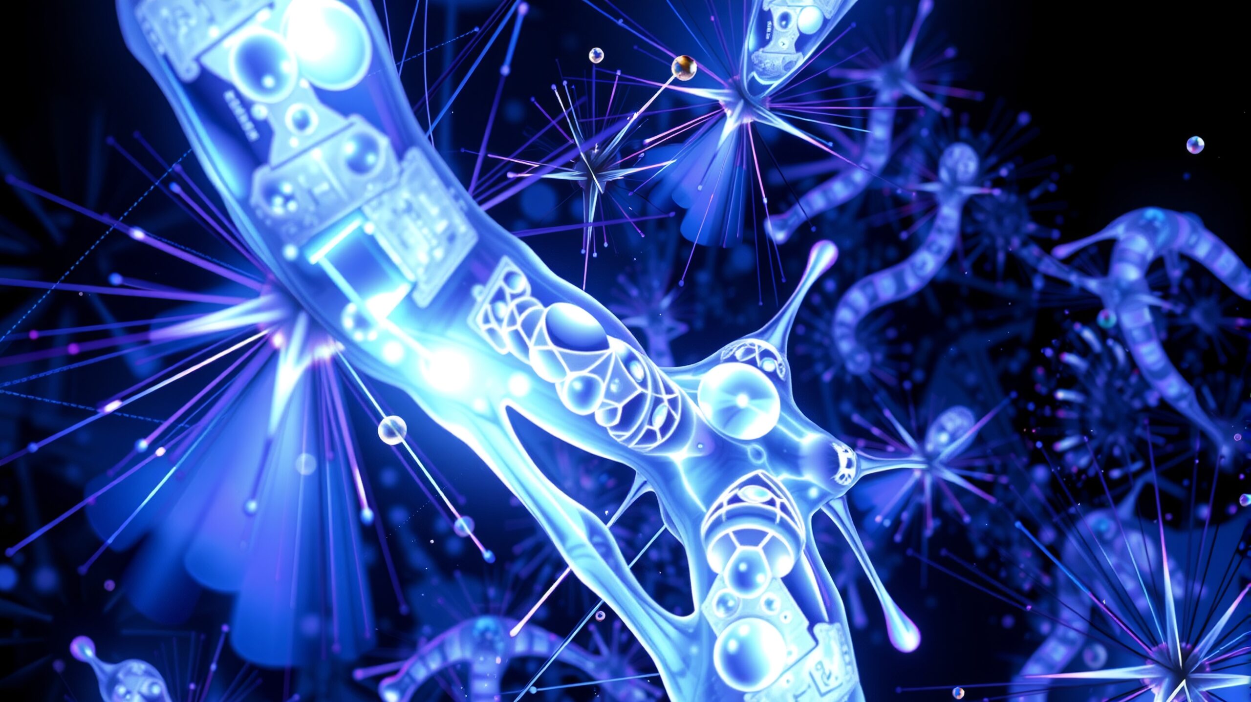 Abstract glowing nanobots and structures.