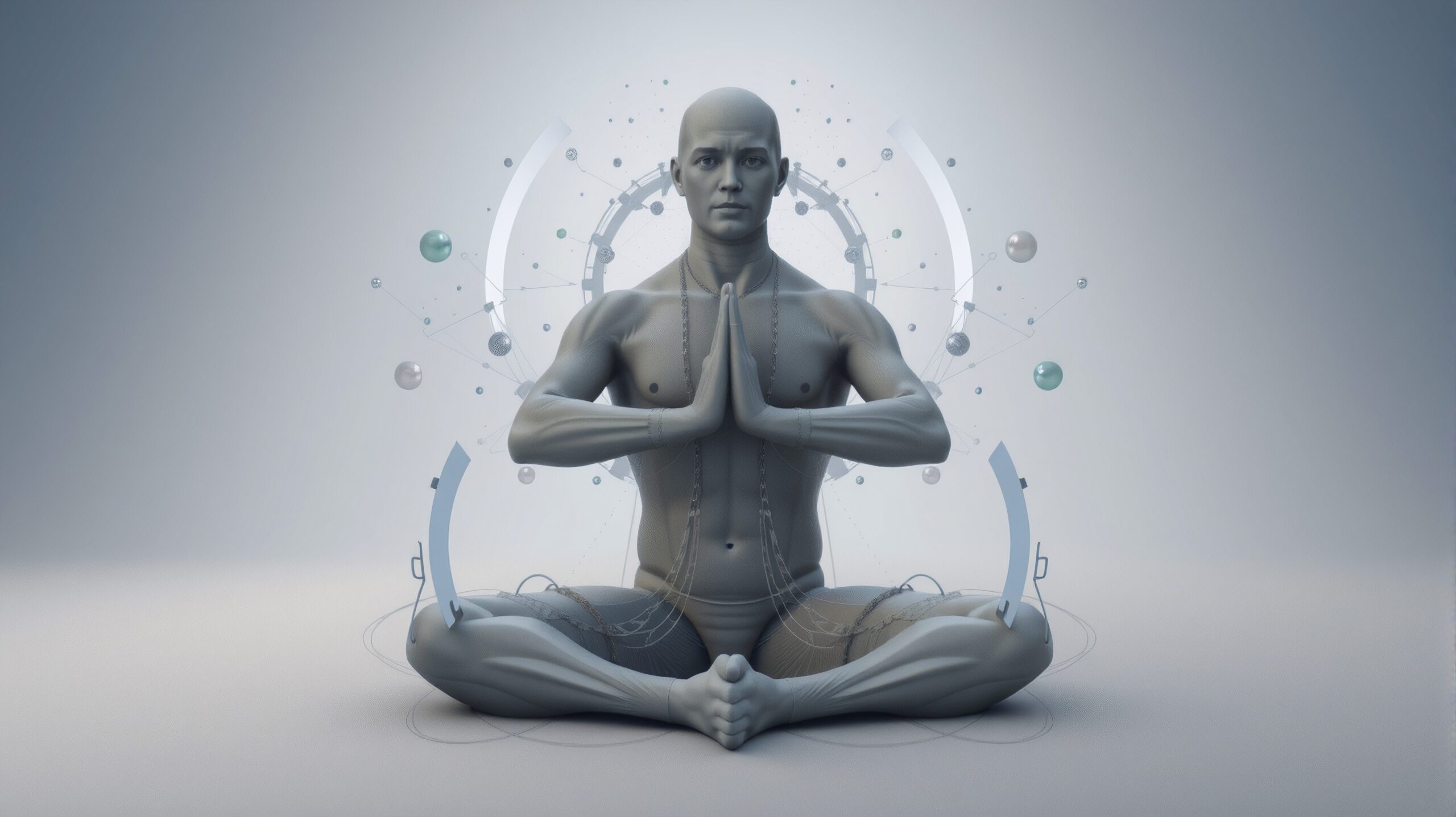 A person in meditative pose surrounded by abstract geometric designs, symbolizing the harmony between spirituality and technology.