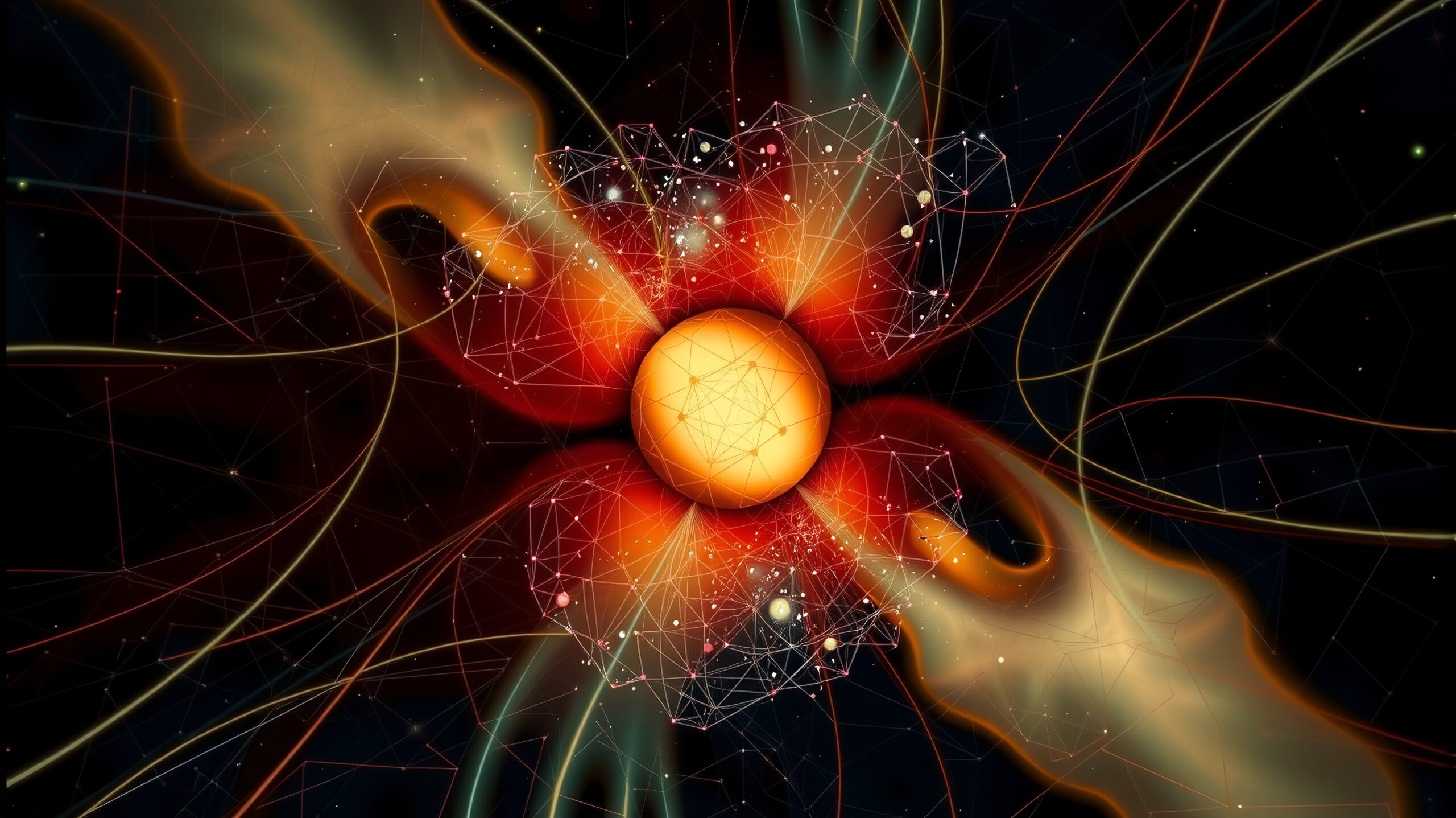 Abstract cosmic network art with glowing central sphere.