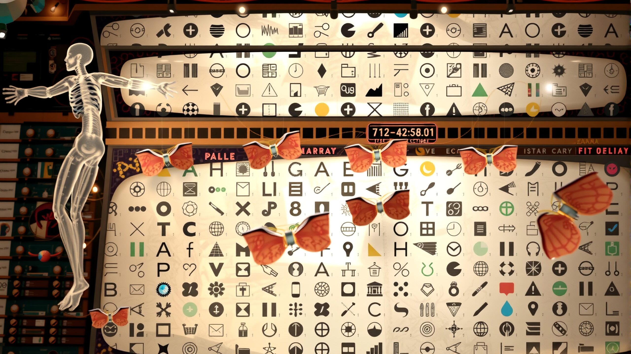 A visually engaging collage combining diverse symbols, a human skeleton, and vibrant butterflies.