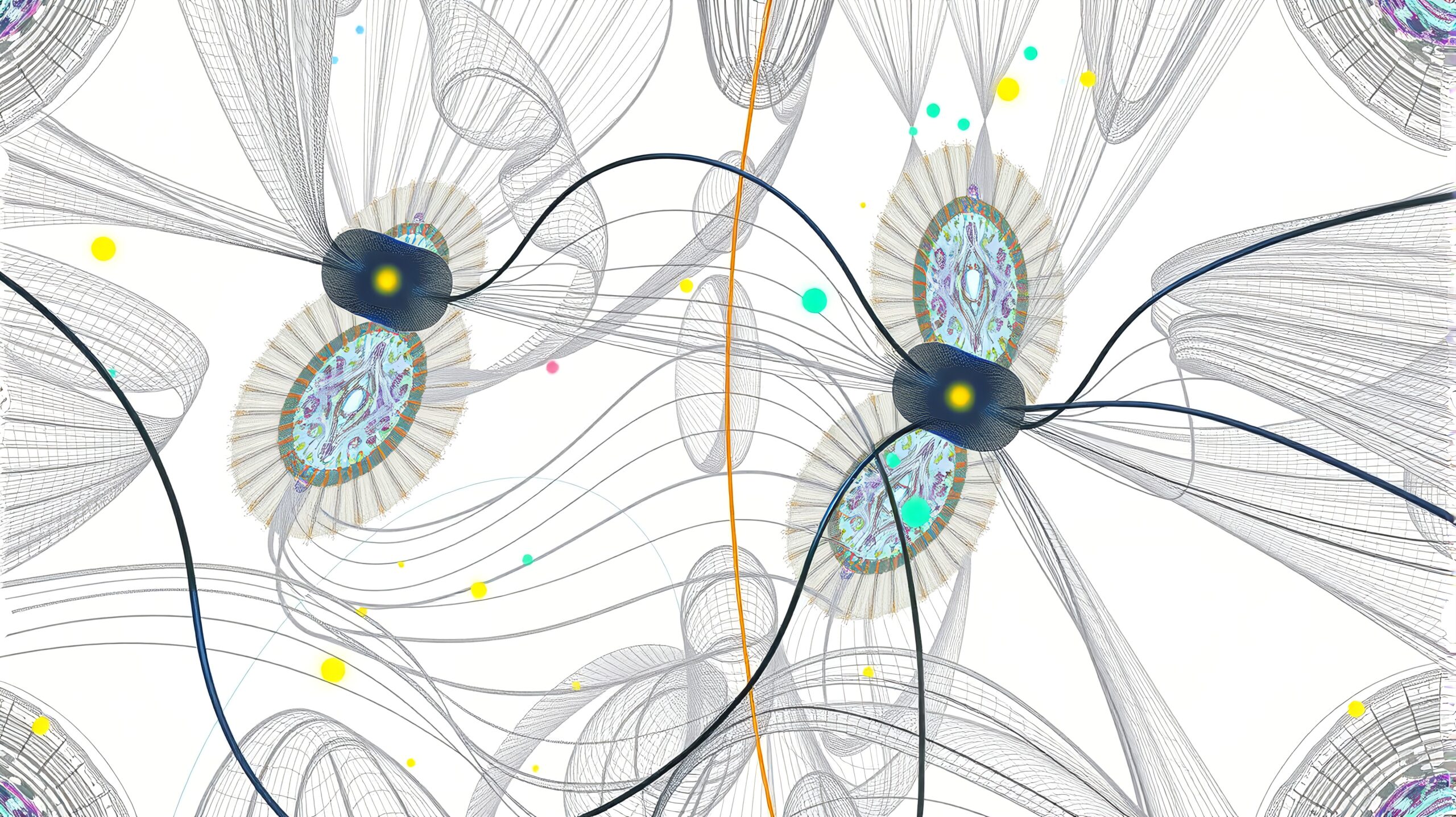 Abstract digital art depicting interconnected spheres, colorful dots, and complex, swirling mesh lines in a futuristic network design.