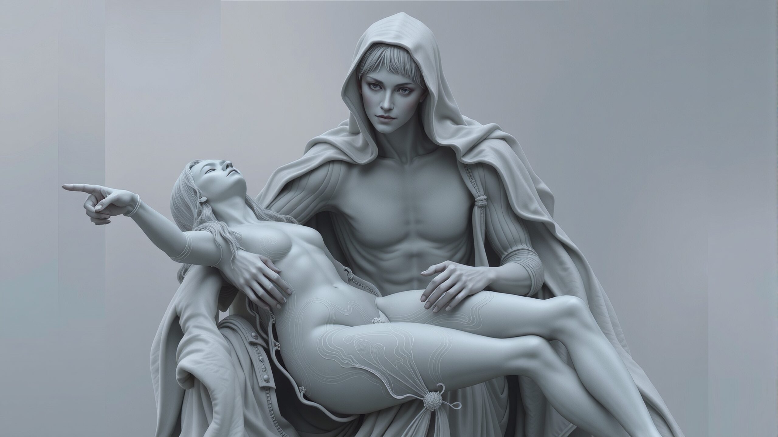A mysterious cloaked figure with serene expression holds ethereal lifeless body in monochrome setting, evoking classical sculpture themes.