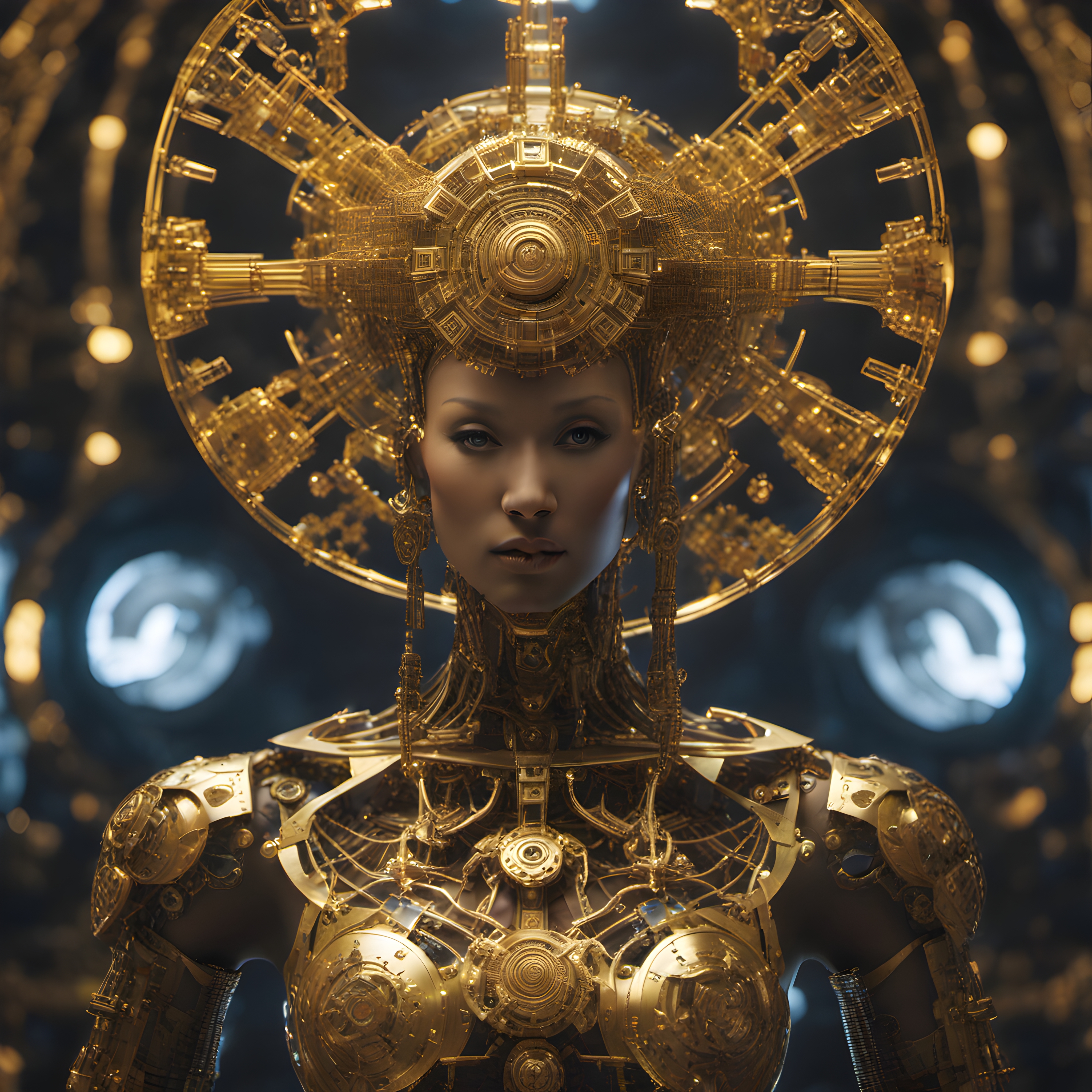 Futuristic humanoid with intricate golden machinery set against a dimly lit technical background.