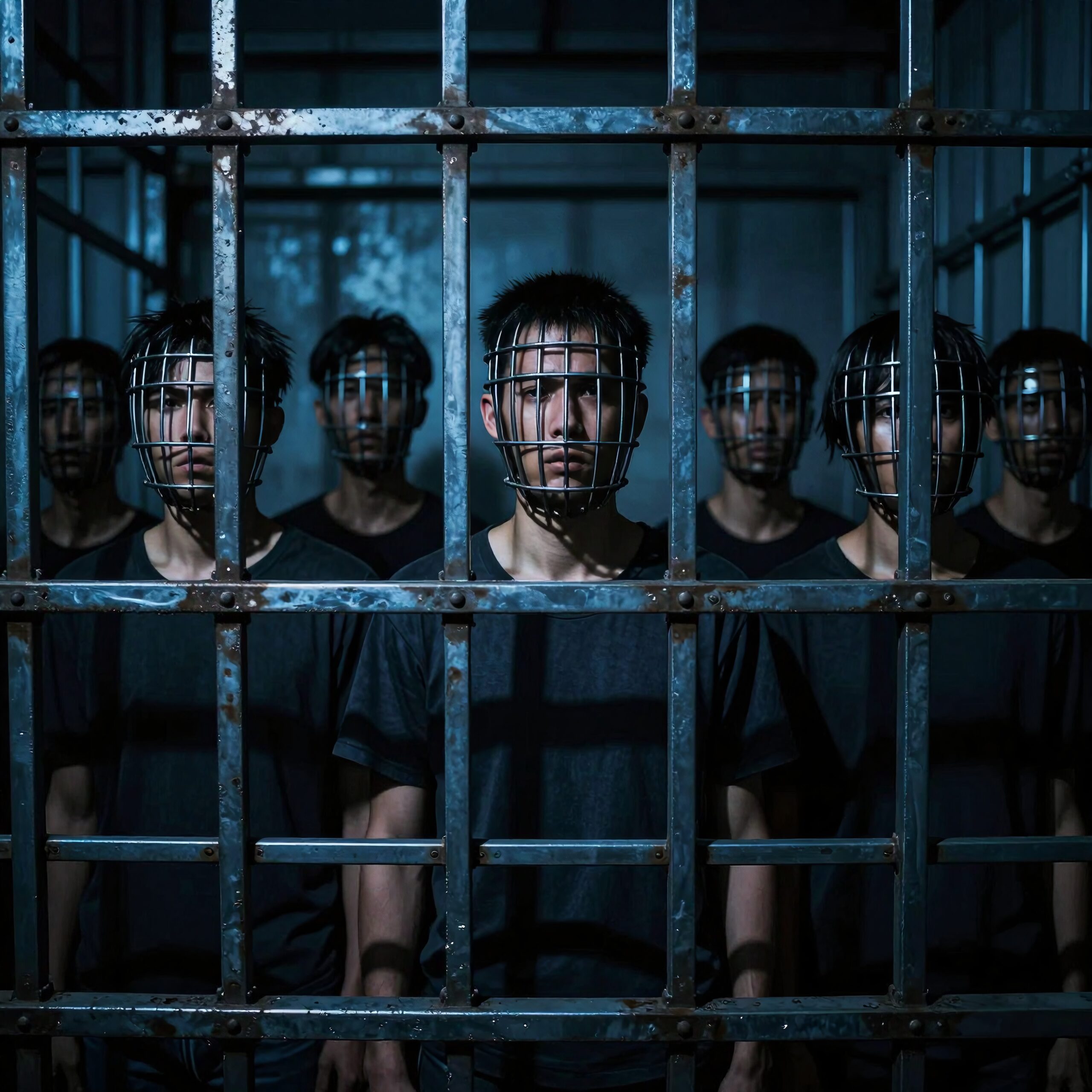 A group of men standing behind bars with face guards.