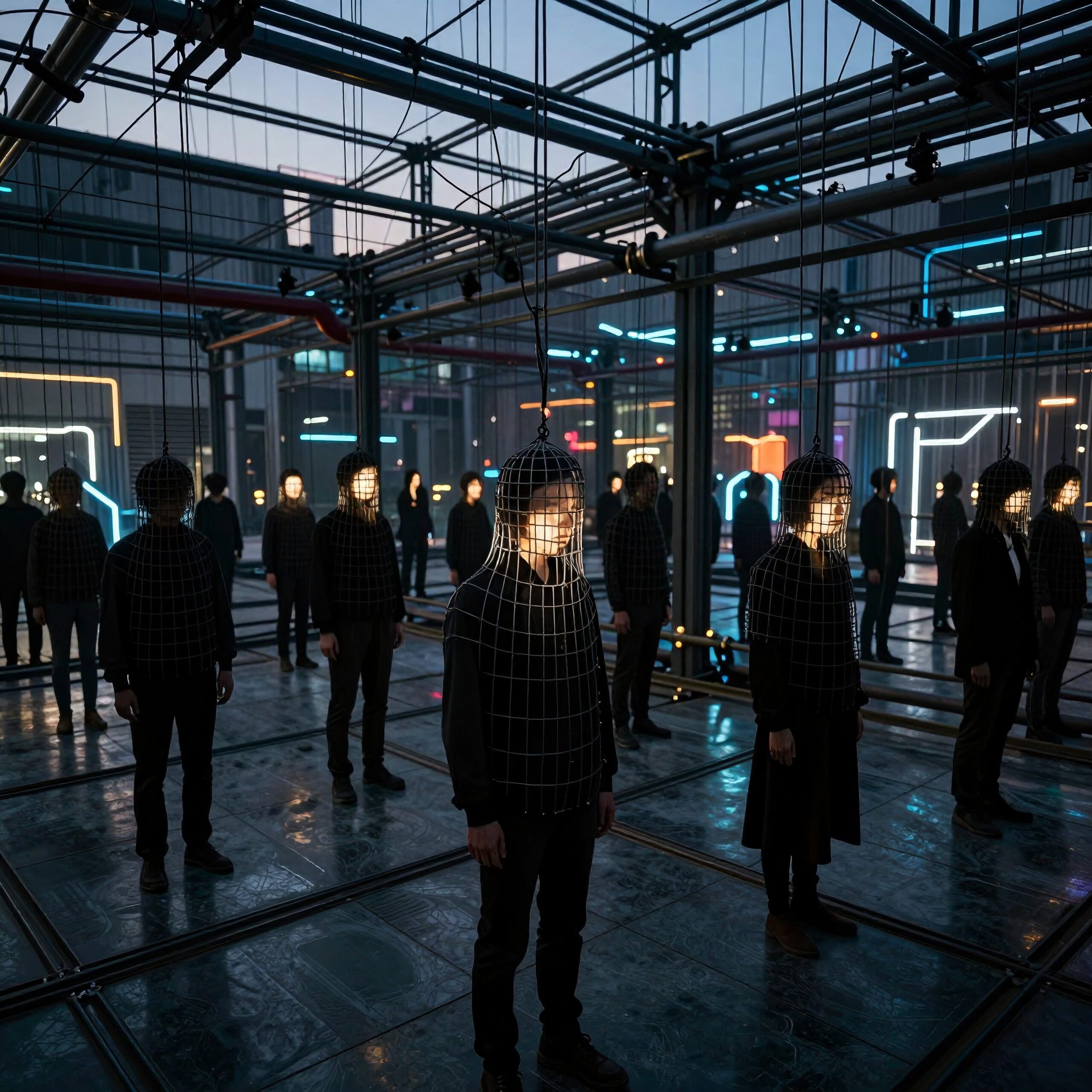 People in wire grids beneath neon lights.