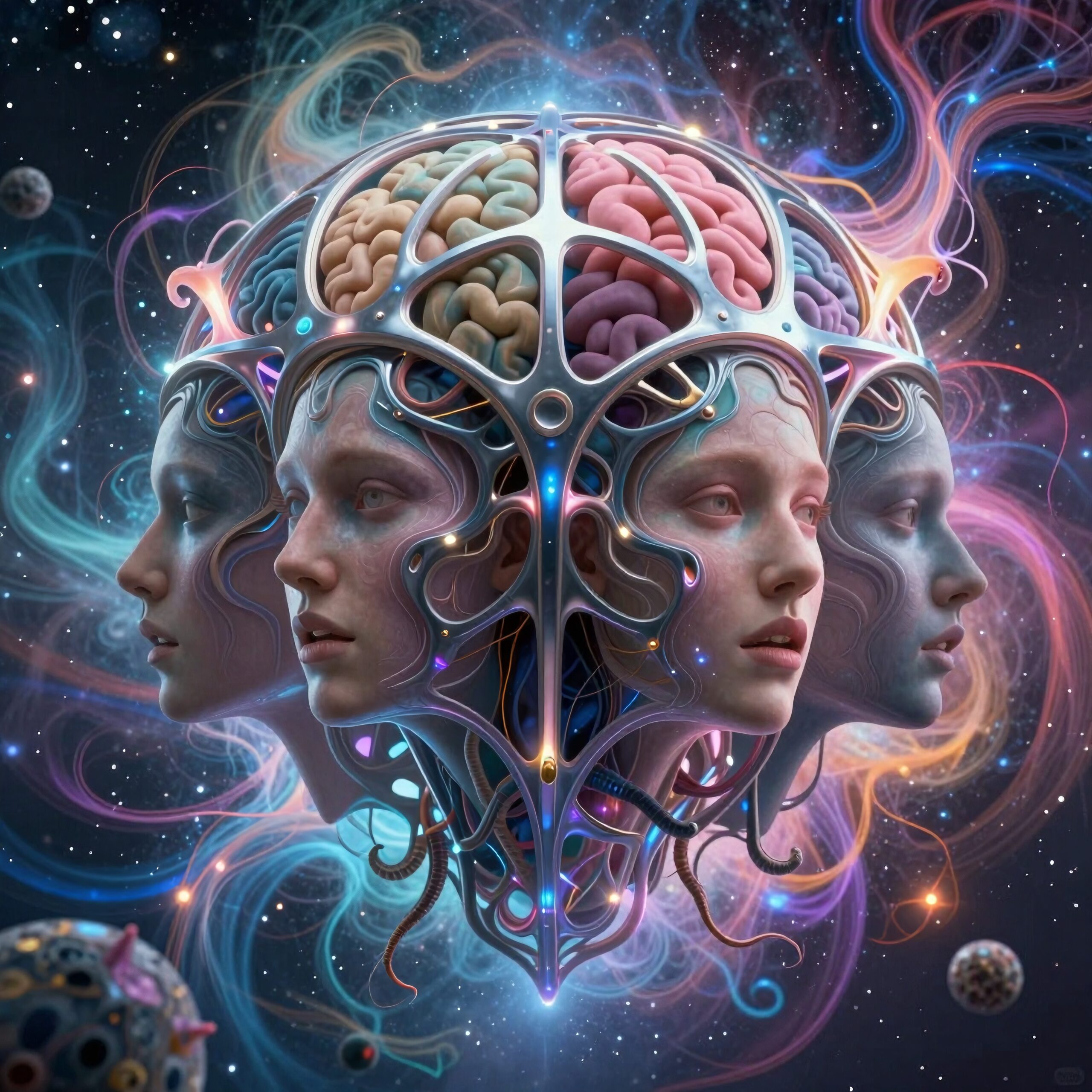 Surreal cosmic image with four human-like faces.