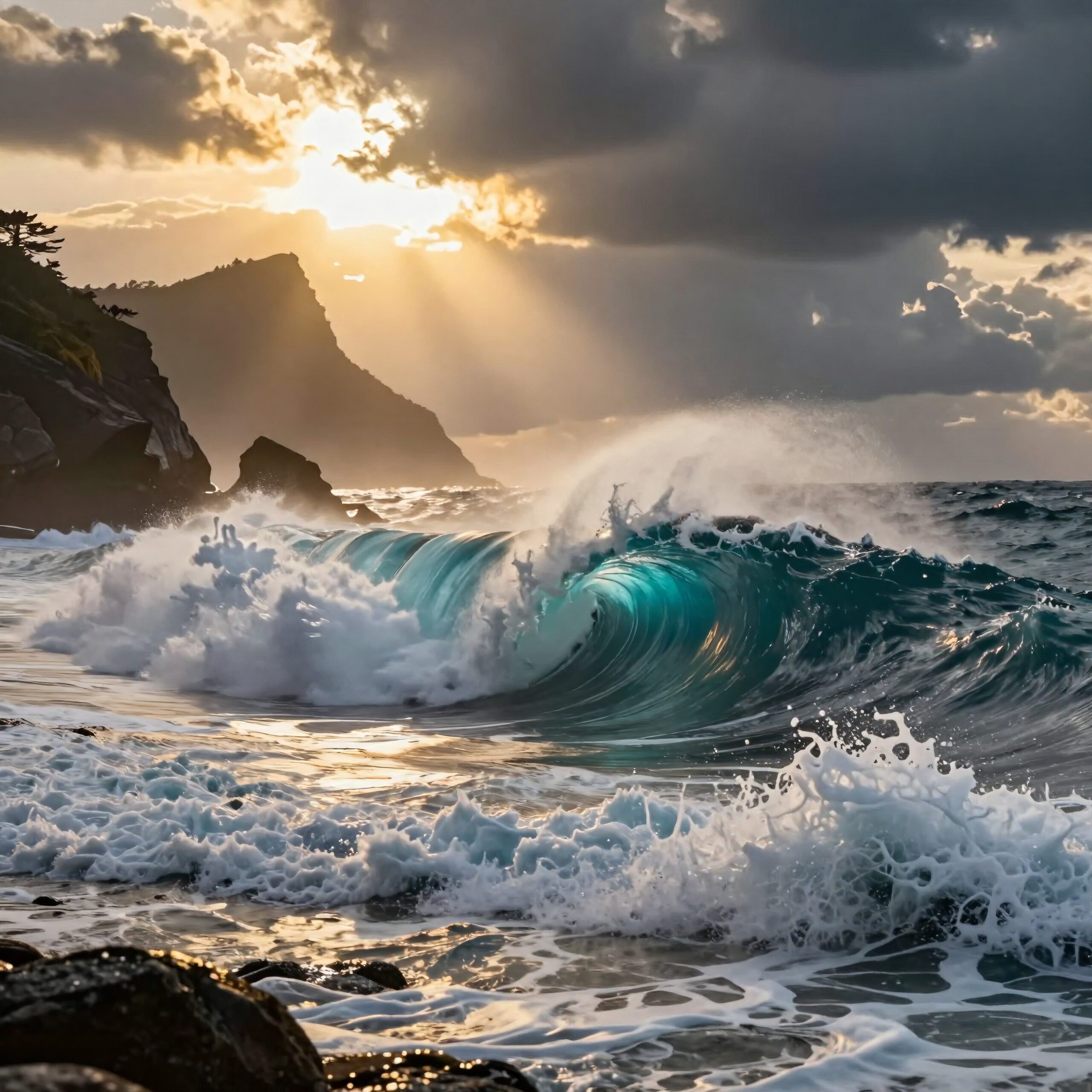 Dramatic ocean waves crash against rocky shore at sunset.