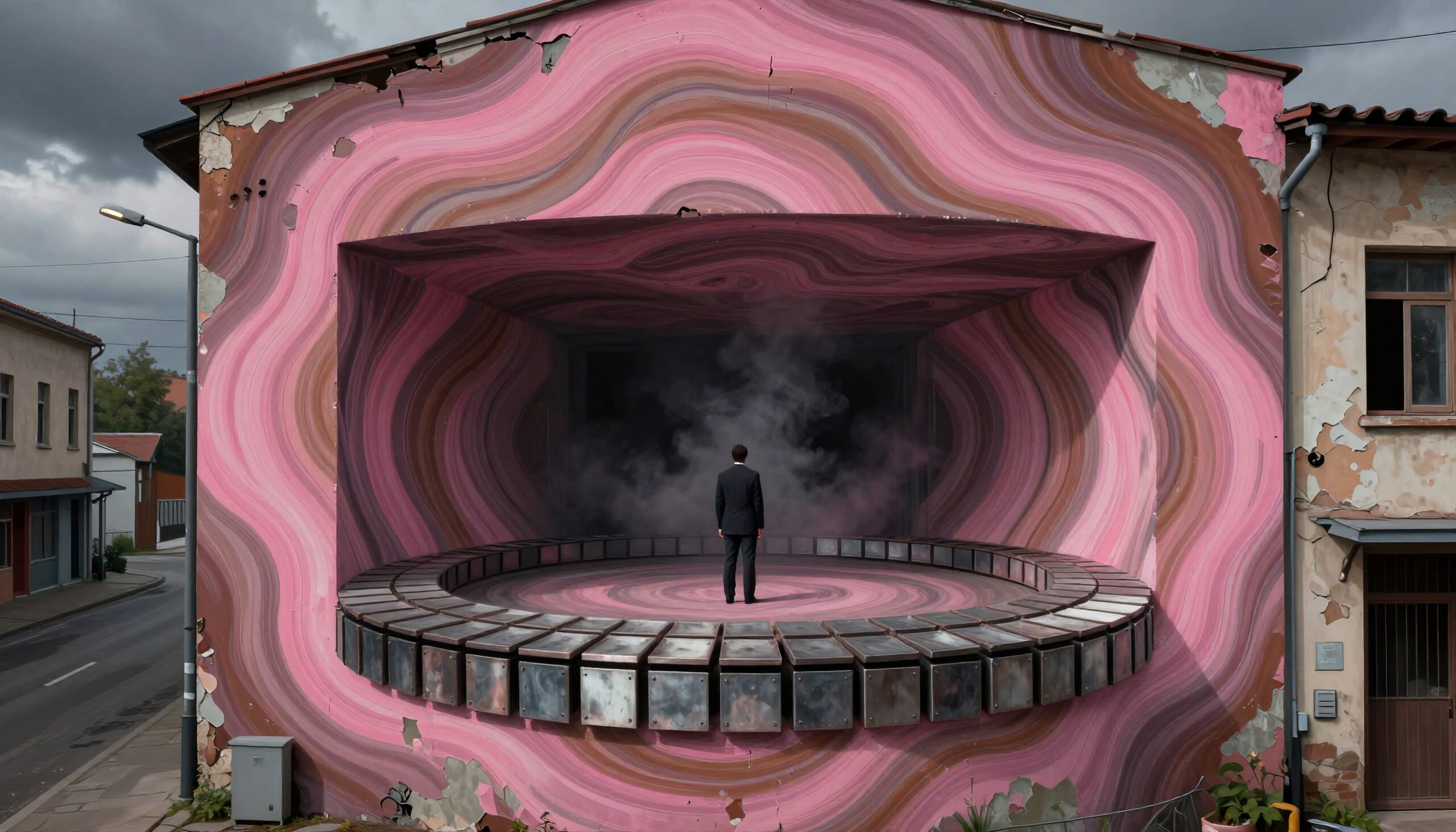 A man in a suit stands on a circular platform against a building with a pink, swirling mural in a surreal urban setting.