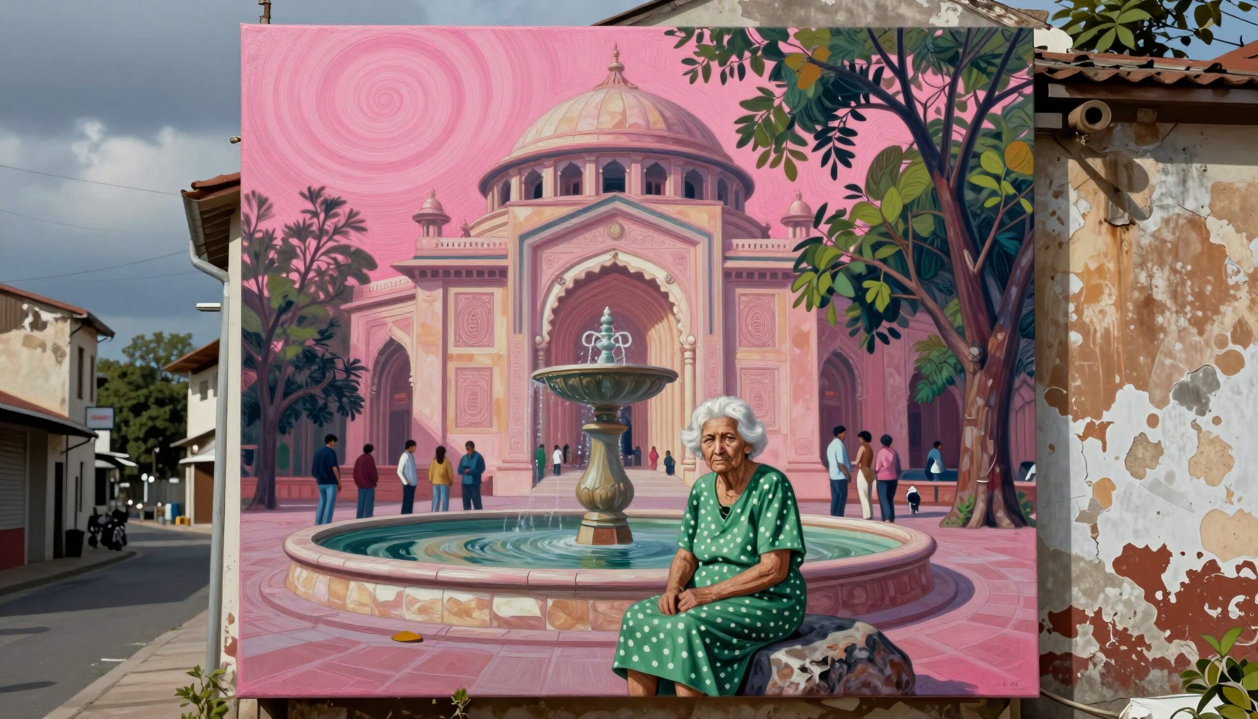 Vibrant mural of a woman sitting by a fountain in front of a detailed pink architectural backdrop, surrounded by people and trees.