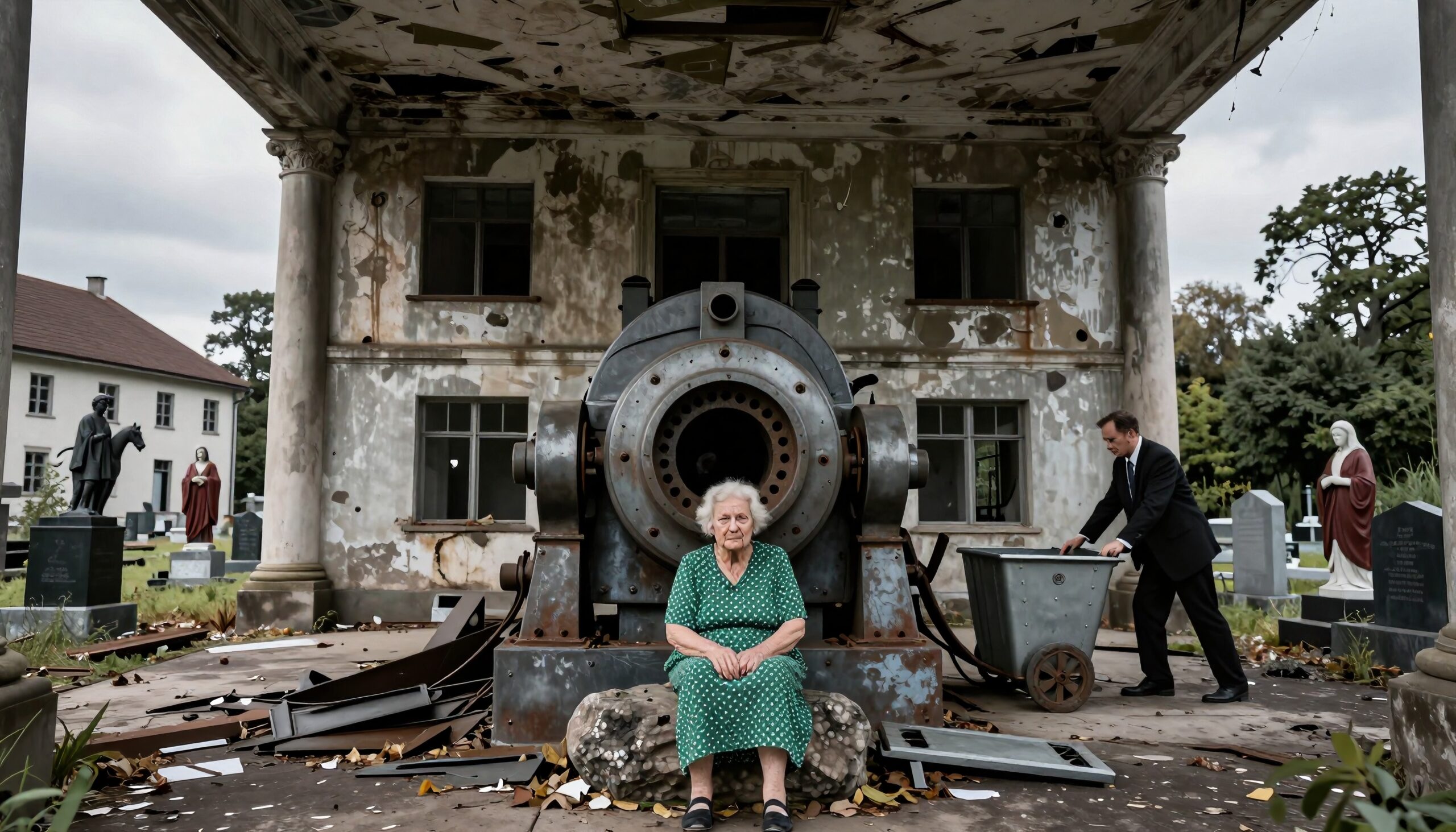 Elderly woman in green dress sits by weathered industrial machinery in front of a dilapidated building surrounded by statues and gravestones, creating a striking contrast of resilience and decay.