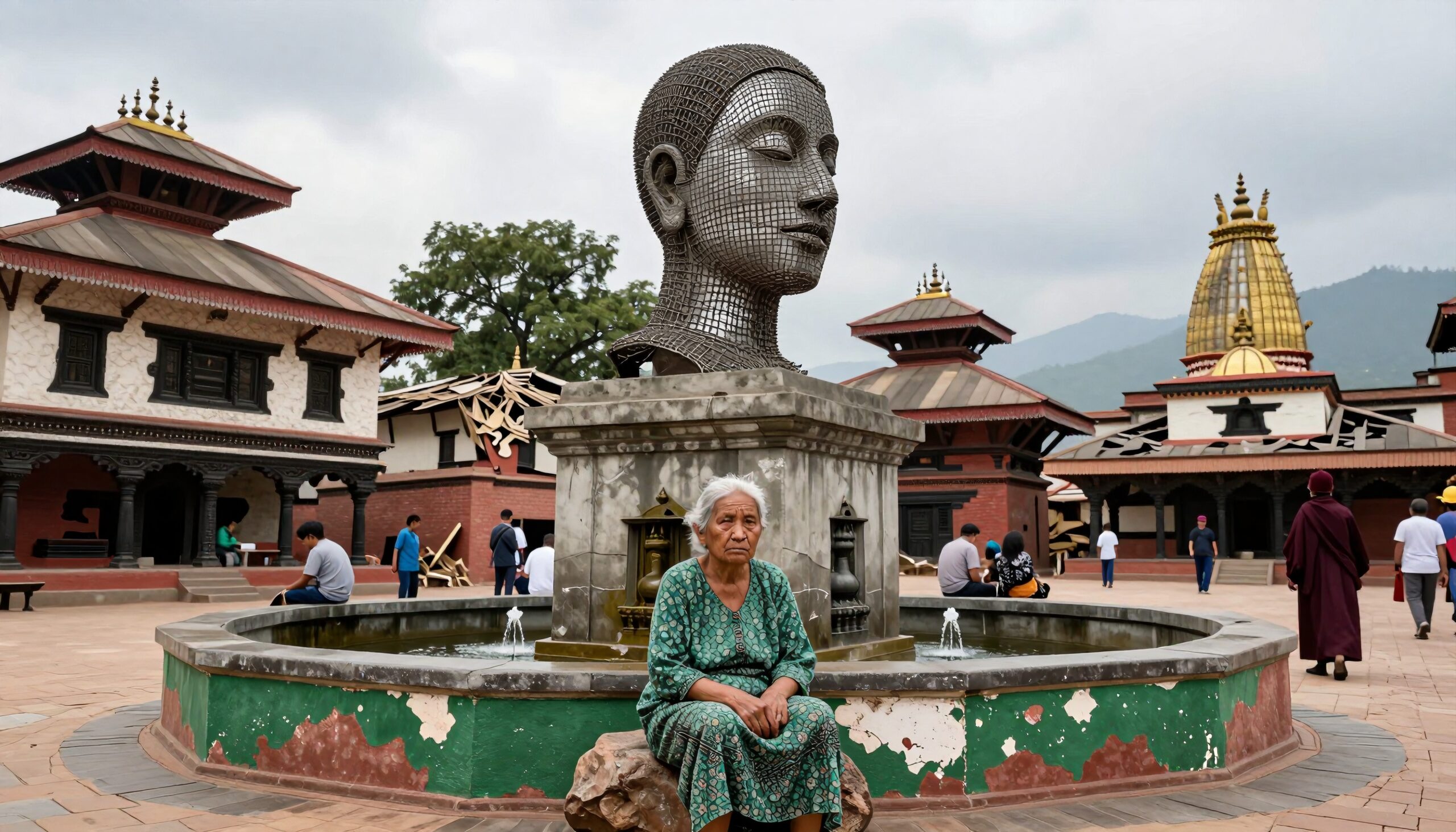 An elderly woman sits in front of a large metal head sculpture in a culturally rich, serene environment.