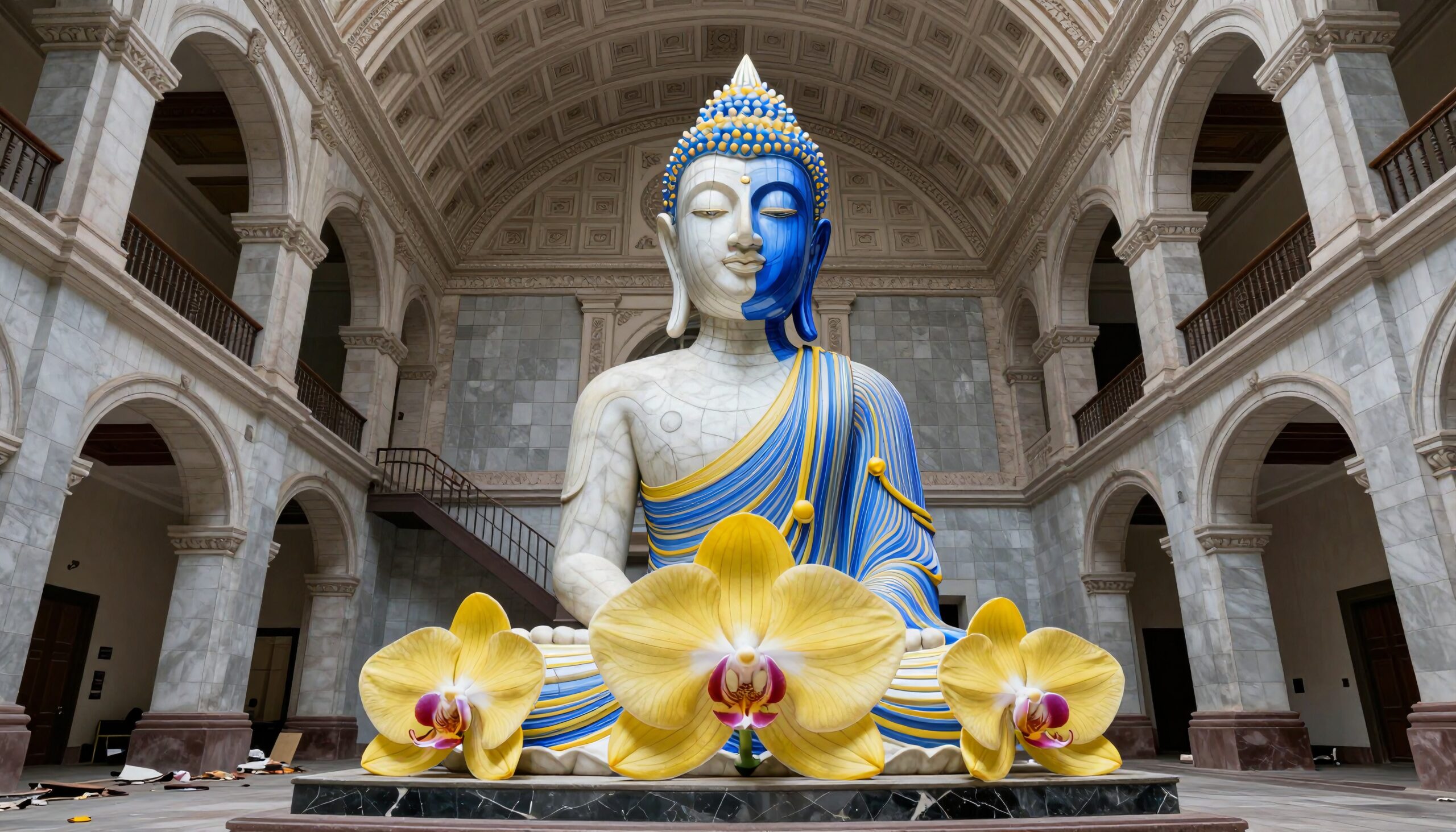 A grand Buddhist statue with colorful robes and orchids in an ornate hall.