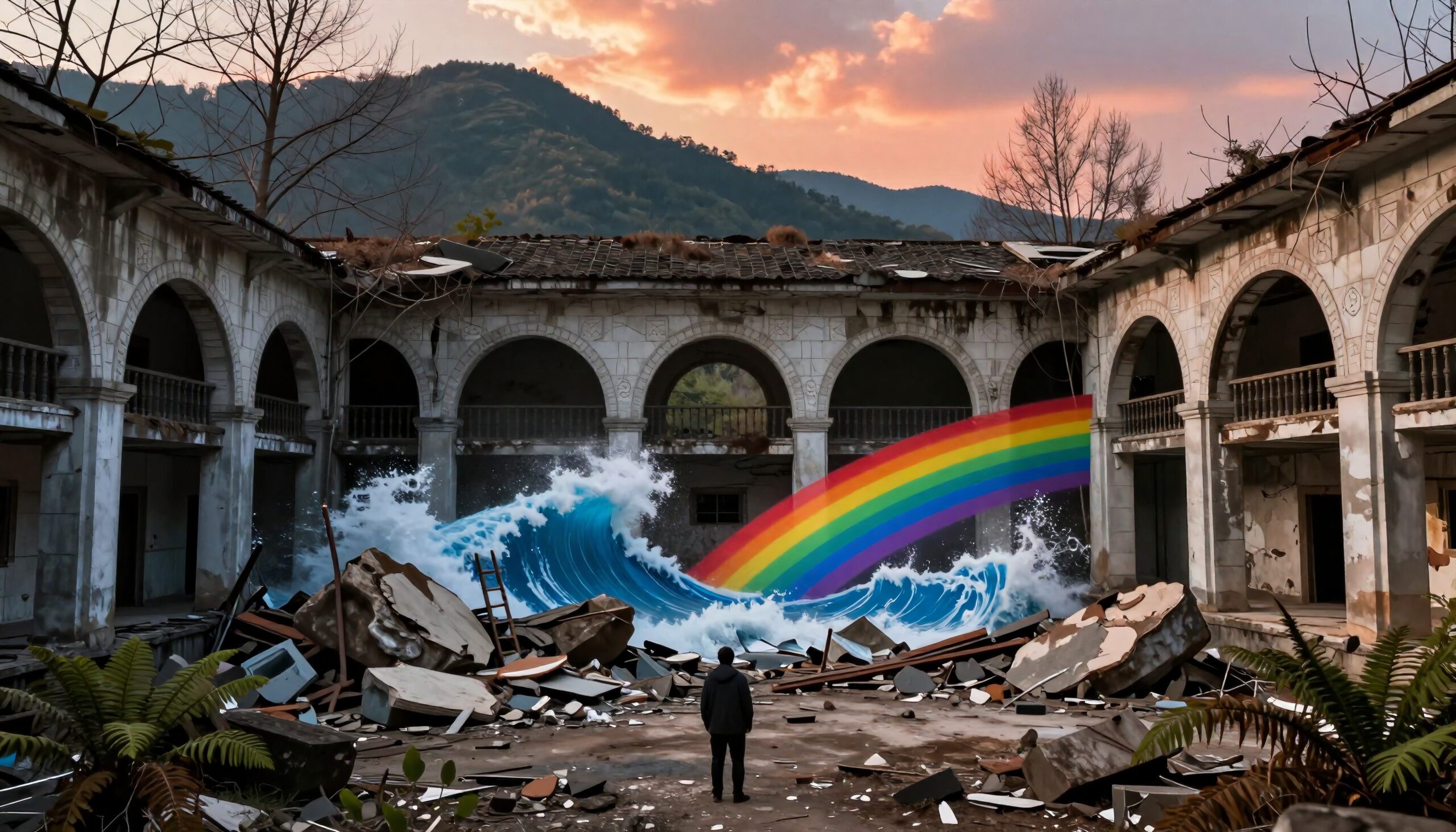 A large wave and rainbow appear in a debris-filled, abandoned courtyard with mountain backdrop.