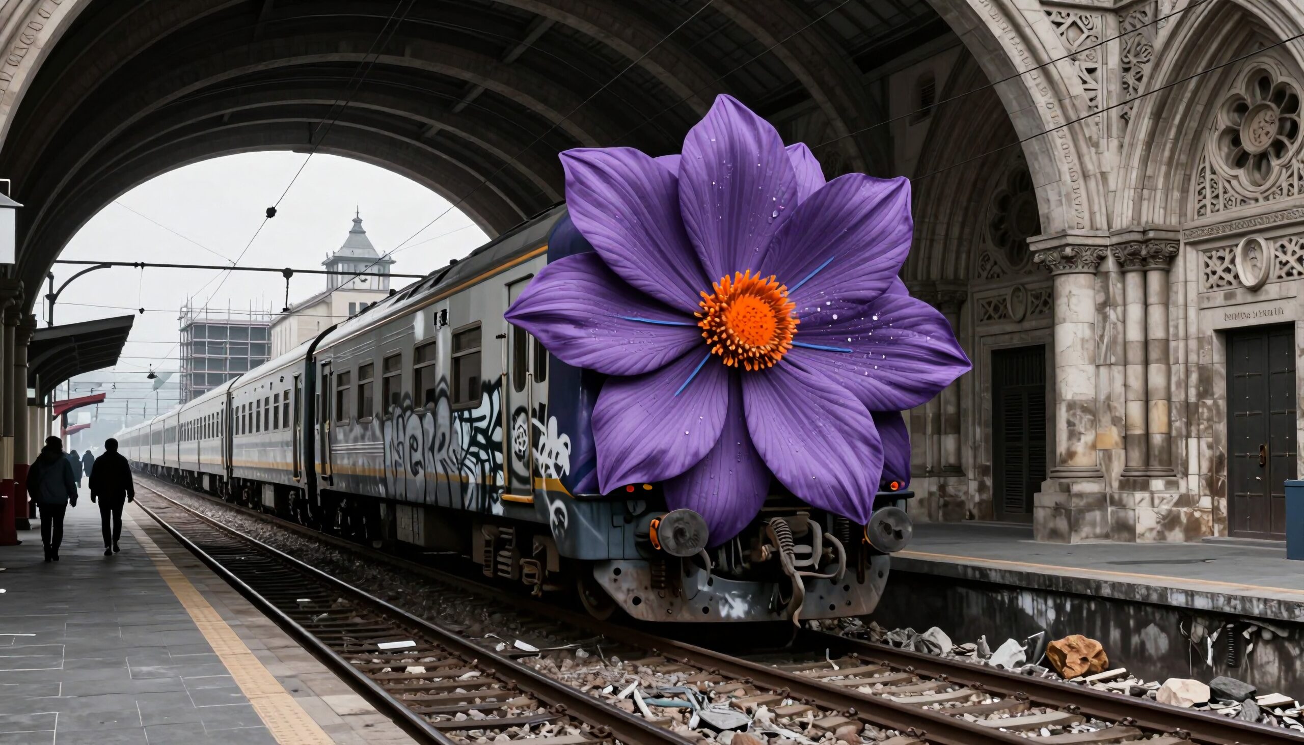 A train at a historical station features a surreal large purple flower blooming from its front, blending urban and nature.