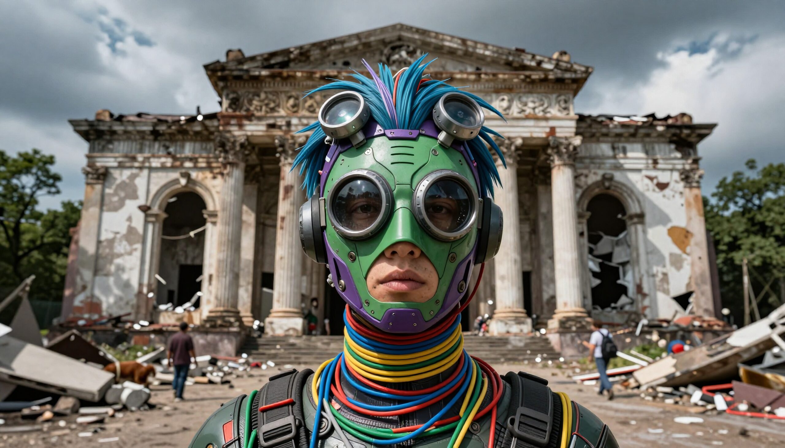 A person in colorful futuristic attire stands before a ruined neoclassical building.