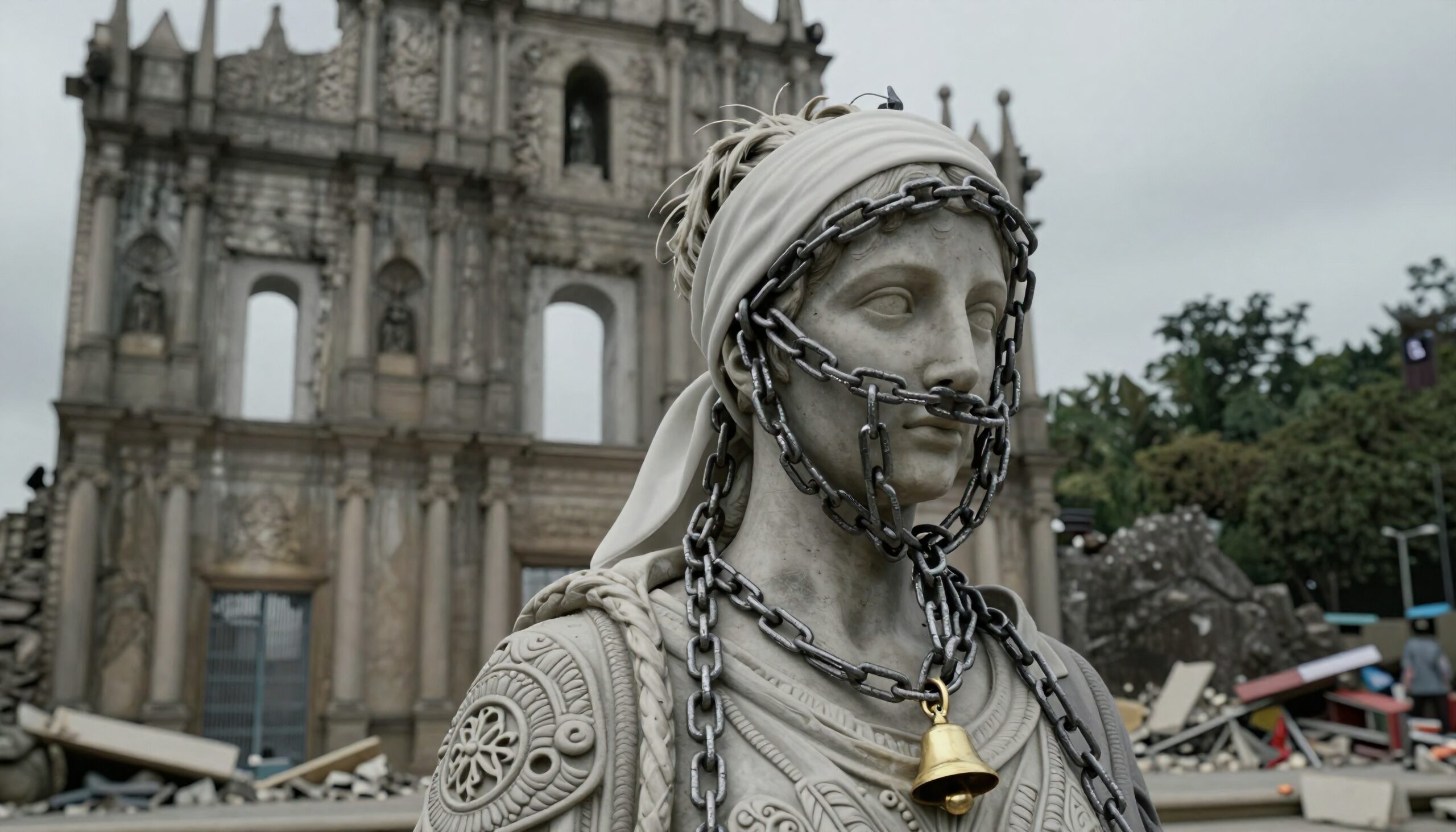 Statue with chains in front of ancient ruins.